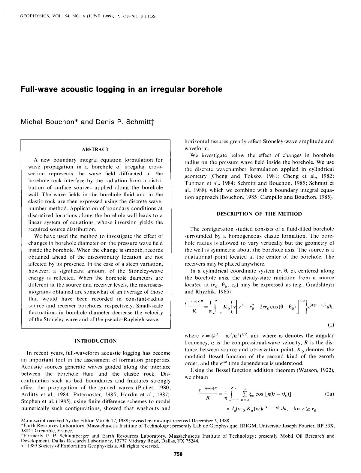 See erratum. Volume 54, Issue 11, Page 1514.Full-wave acoustic logging in an irregular borehole by Bouchon M.; Schmitt D. P
