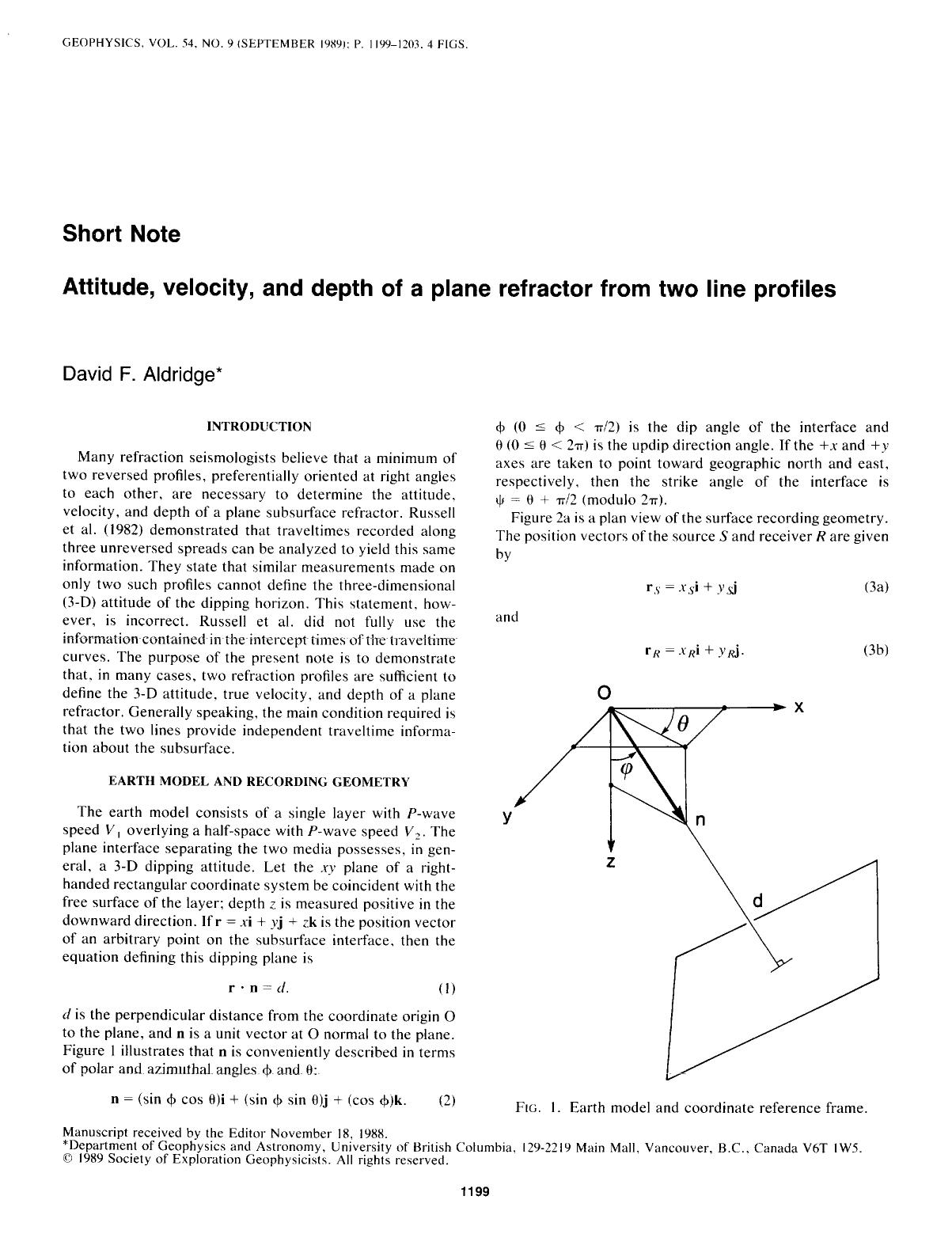 See erratum. Volume 55, Issue 1, Page 131.Attitude, velocity, and depth of a plane refractor from two line profiles: SHORT NOTE by Aldridge D. F