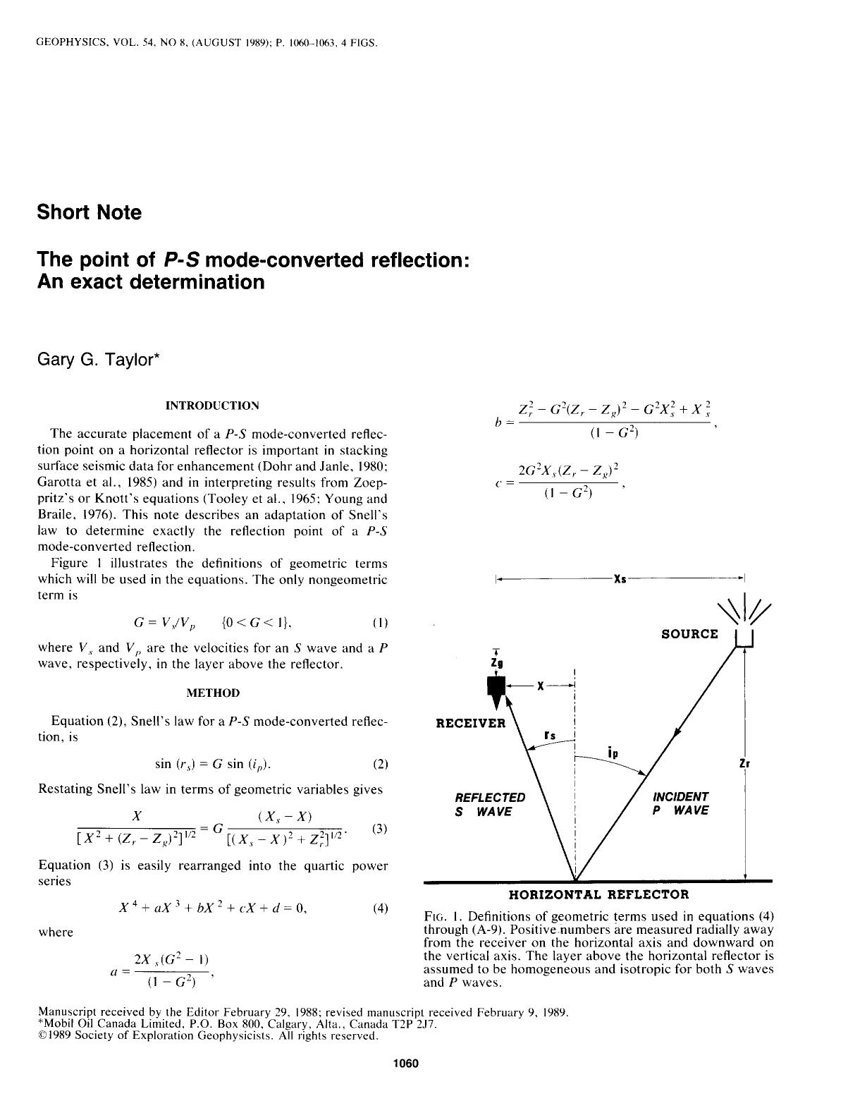 See erratum. Volume 55, Issue 7, Page 948.The point of P-S mode-converted reflection: An exact determination: SHORT NOTE by Taylor G. G