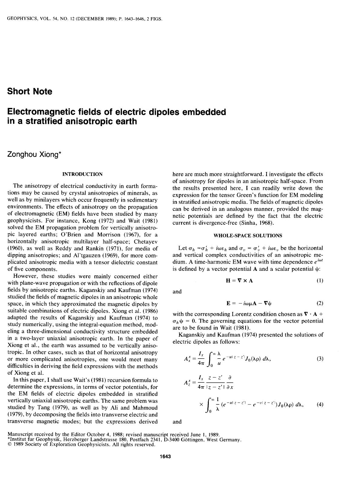 See erratum. Volume 56, Issue 3, Page 414.Electromagnetic fields of electric dipoles embedded in a stratified anisotropic earth: SHORT NOTE by Unknown