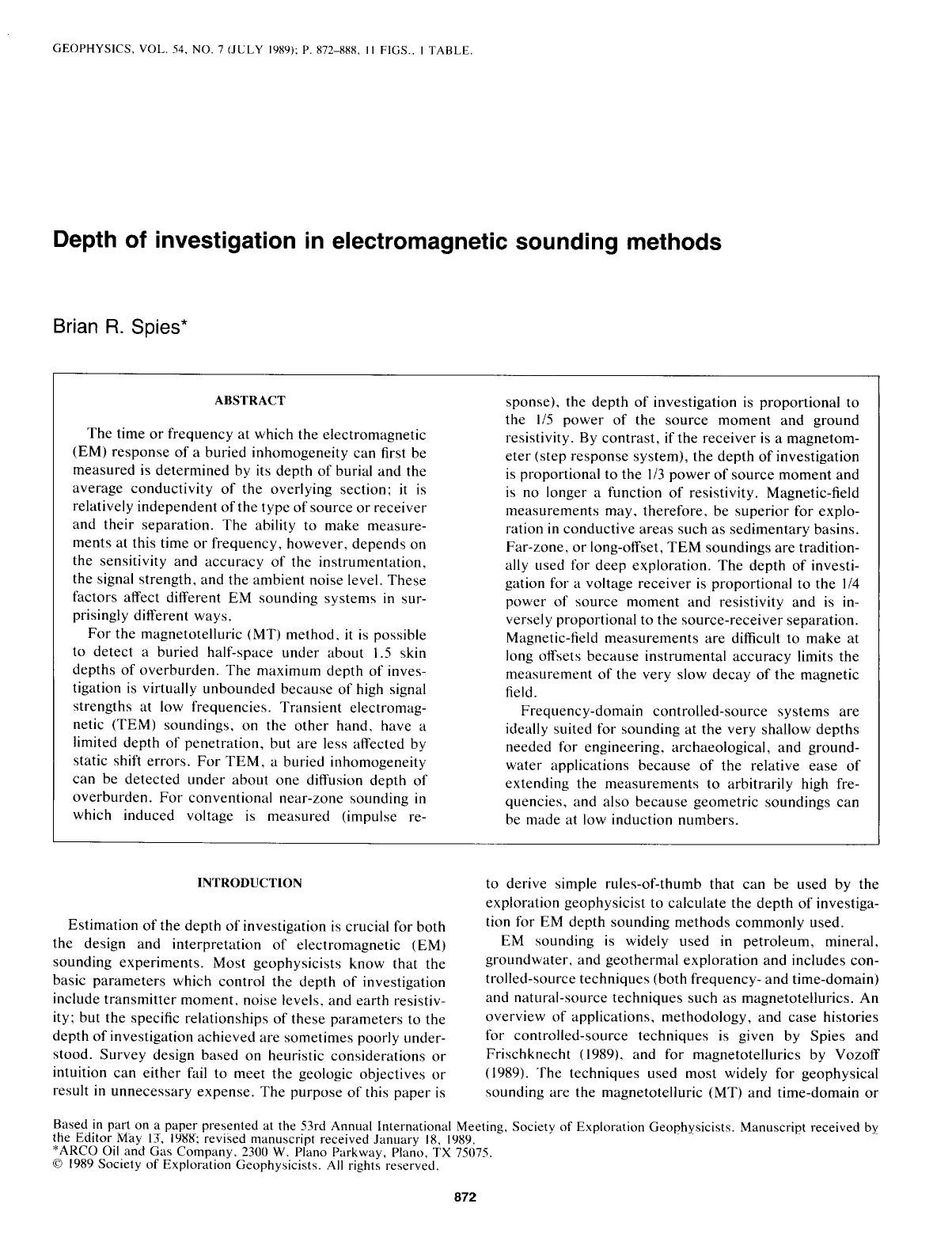 See erratum. Volume 57, Issue 1, Page 210.Depth of investigation in electromagnetic sounding methods by Spies B. R