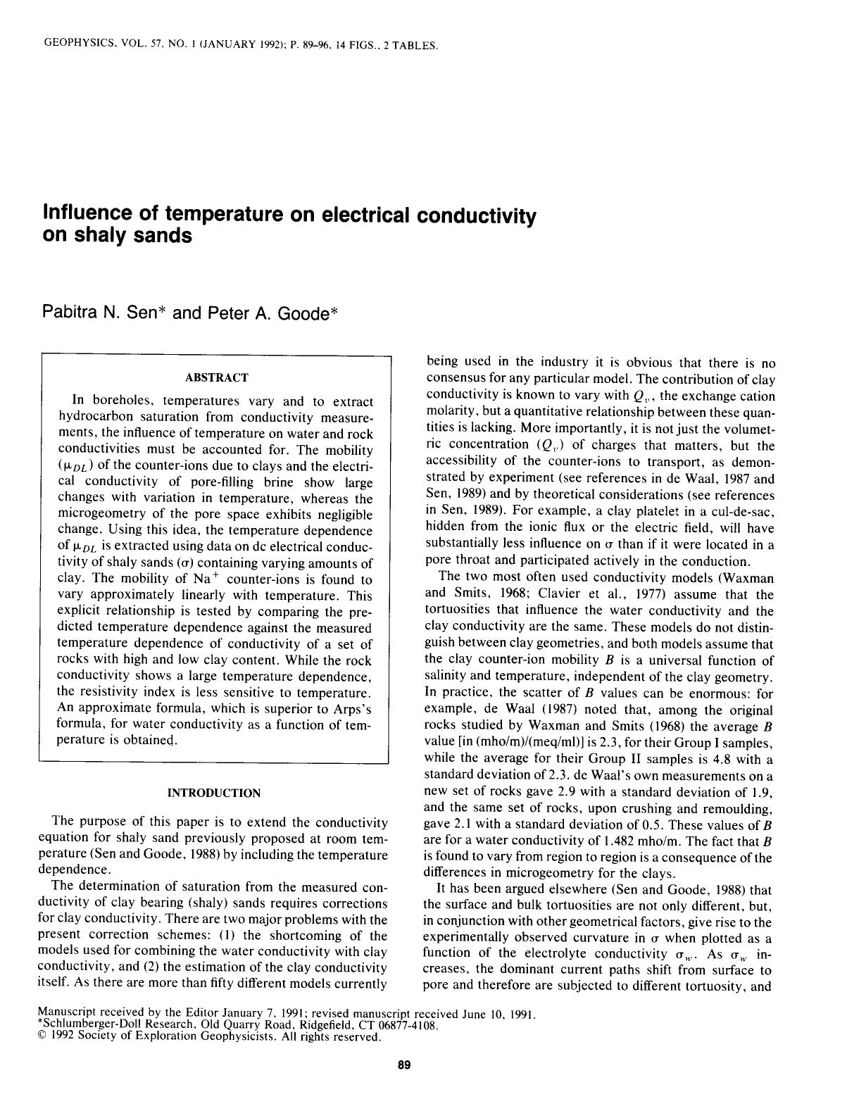 See erratum. Volume 57, Issue 12, Page 1658.Influence of temperature on electrical conductivity on shaly sands by Sen P. N.; Goode P. A
