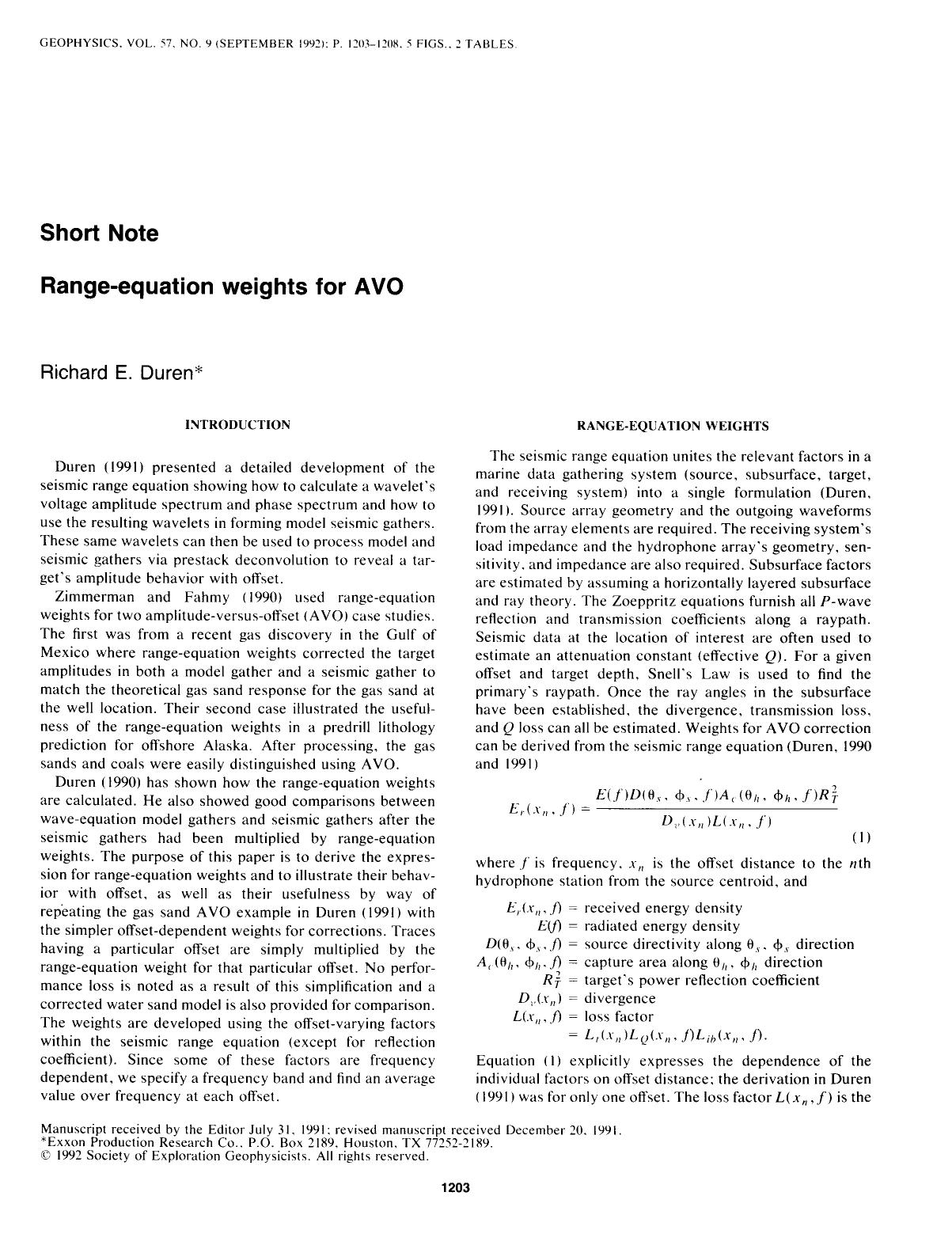 See erratum. Volume 57, Issue 12, Page 1658.Range-equation weights for AVO: SHORT NOTE by Duren R. E