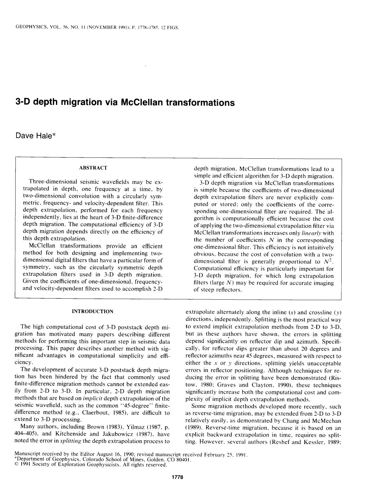 See erratum. Volume 57, Issue 2, Page 370.3-D depth migration via McClellan transformations by Hale D