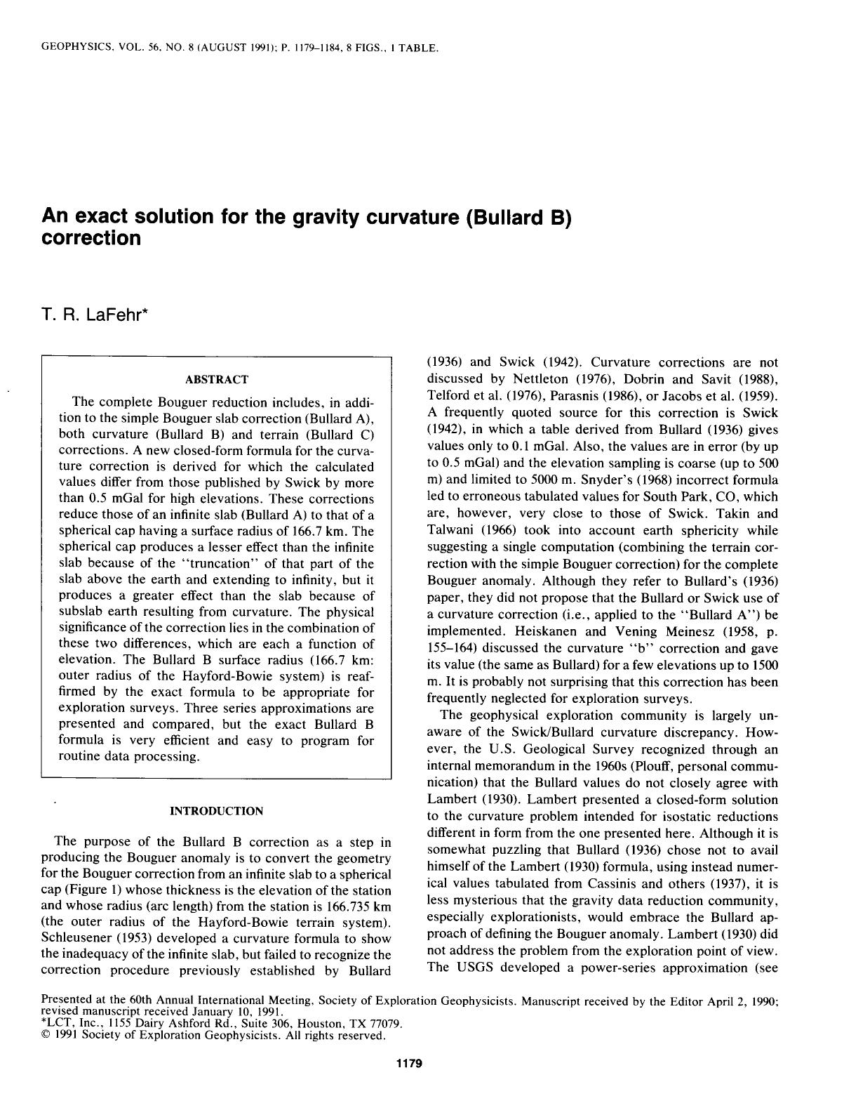See erratum. Volume 57, Issue 2, Page 370.An exact solution for the gravity curvature (Bullard B) correction by LaFehr T. R