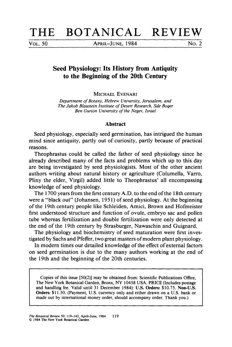 Seed Physiology: Its History from antiquity to the beginning of the 20th century by Unknown
