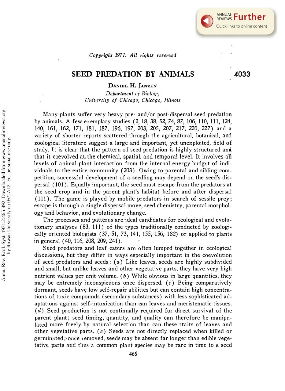 Seed Predation by Animals by D H Janzen
