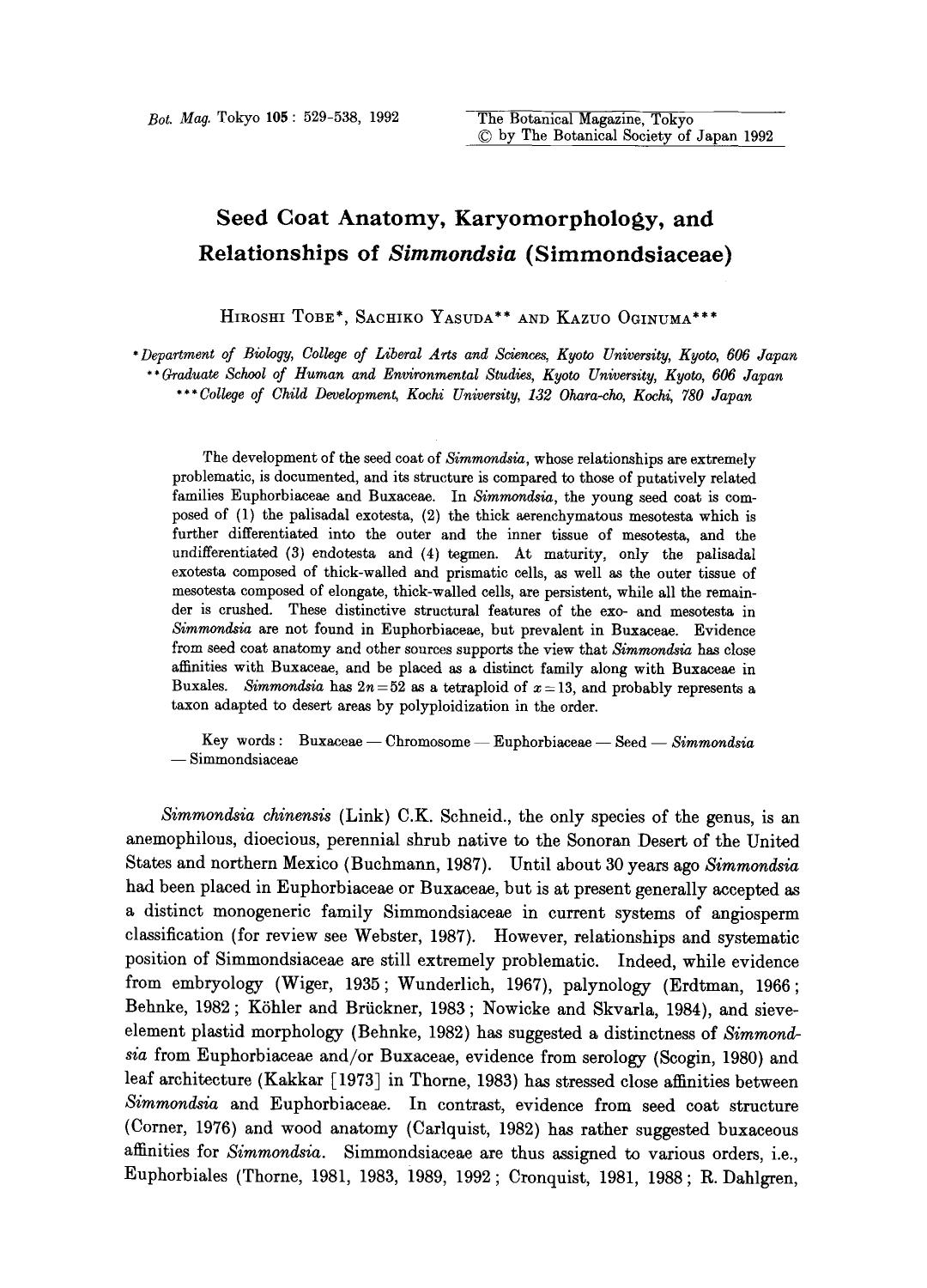Seed coat anatomy, karyomorphology, and relationships of <Emphasis Type="Italic">Simmondsia <Emphasis> (Simmondsiaceae) by Unknown
