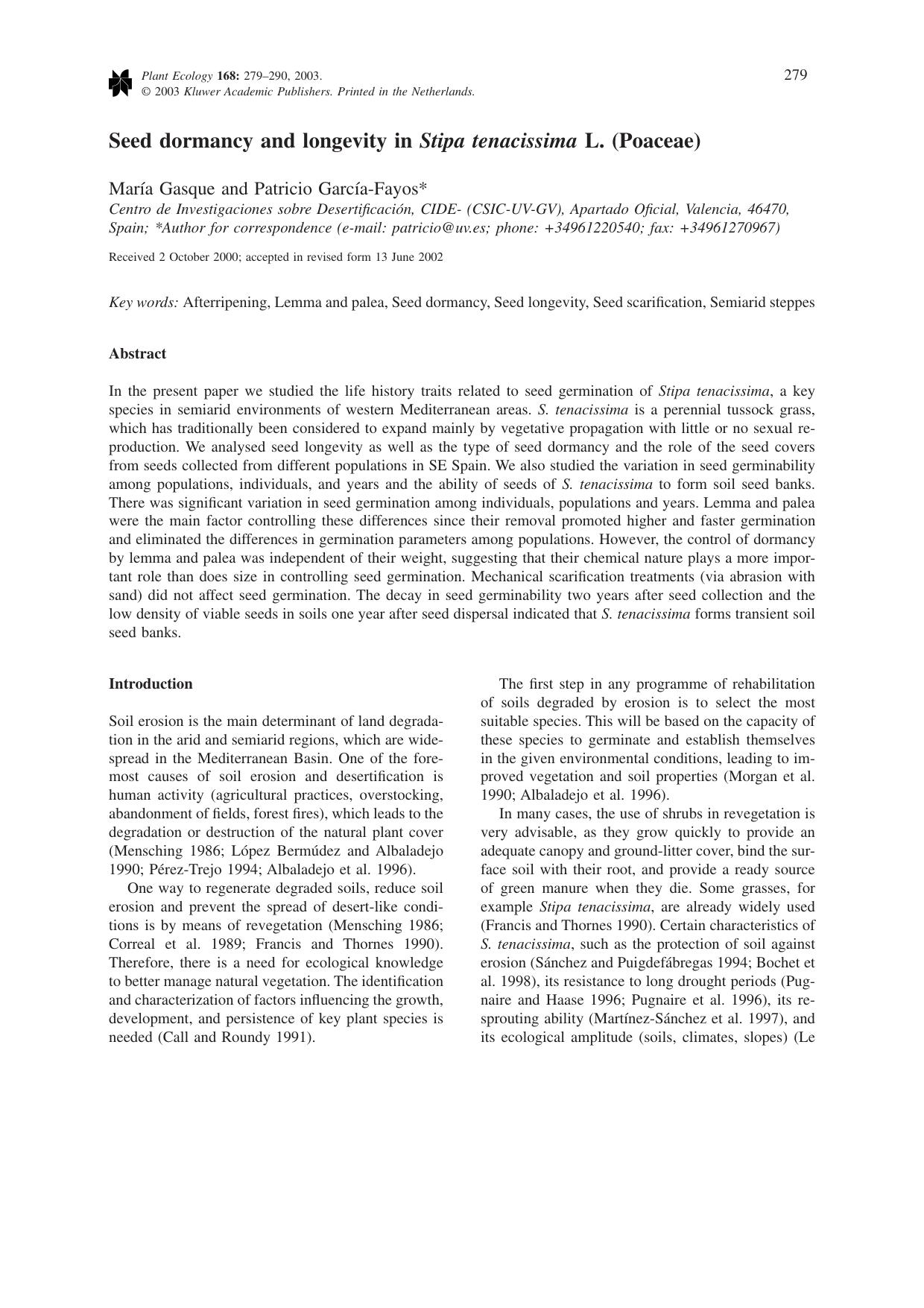 Seed dormancy and longevity in <Emphasis Type="Italic">Stipa tenacissima<Emphasis> L. (Poaceae) by Unknown