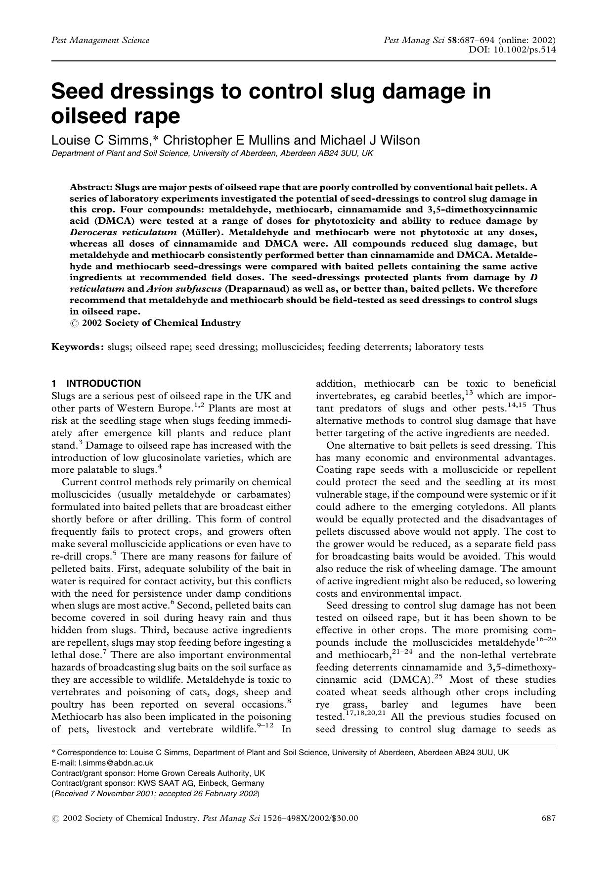 Seed dressings to control slug damage in oilseed rape by Unknown