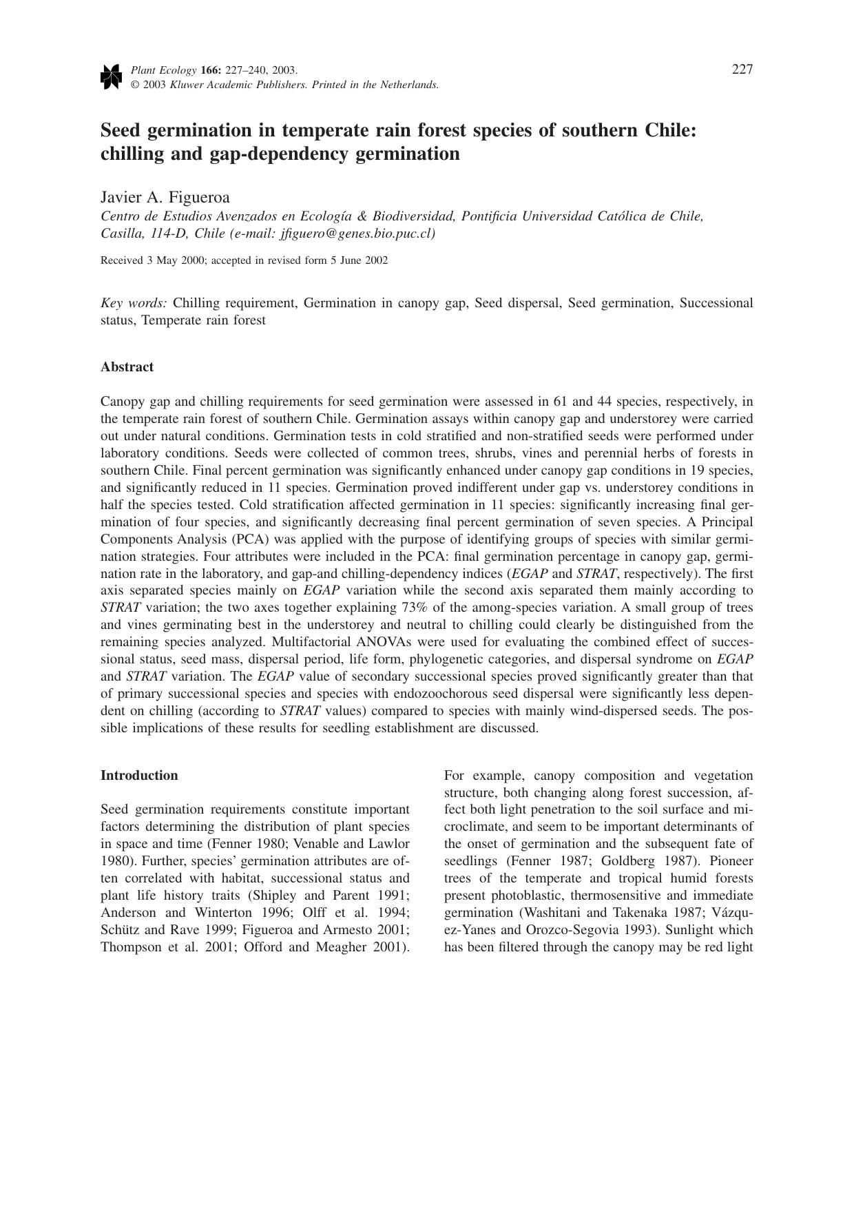 Seed germination in temperate rain forest species of southern Chile: chilling and gap-dependency germination by Unknown