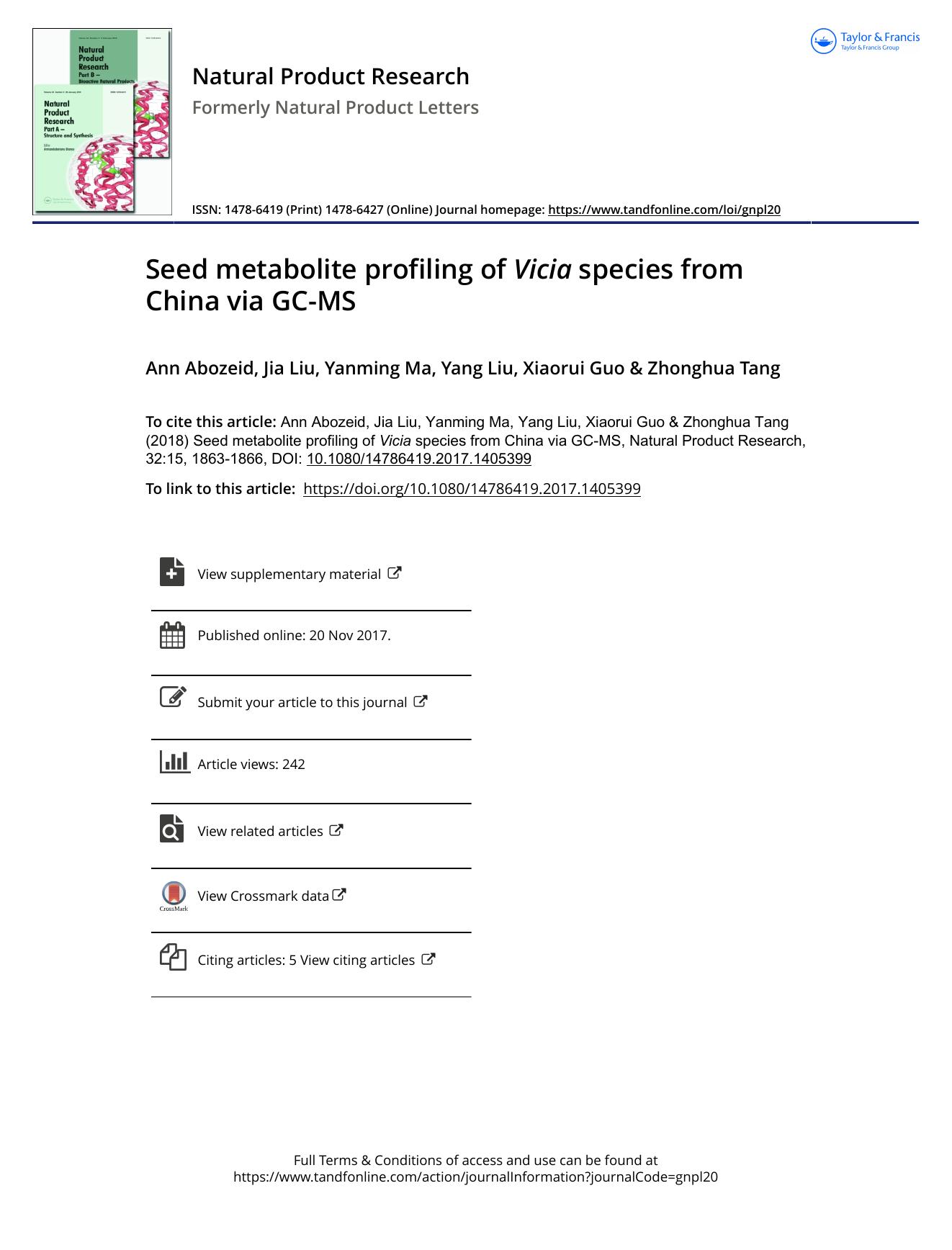 Seed metabolite profiling of Vicia species from China via GC-MS by Ann Abozeid & Jia Liu & Yanming Ma & Yang Liu & Xiaorui Guo & Zhonghua Tang