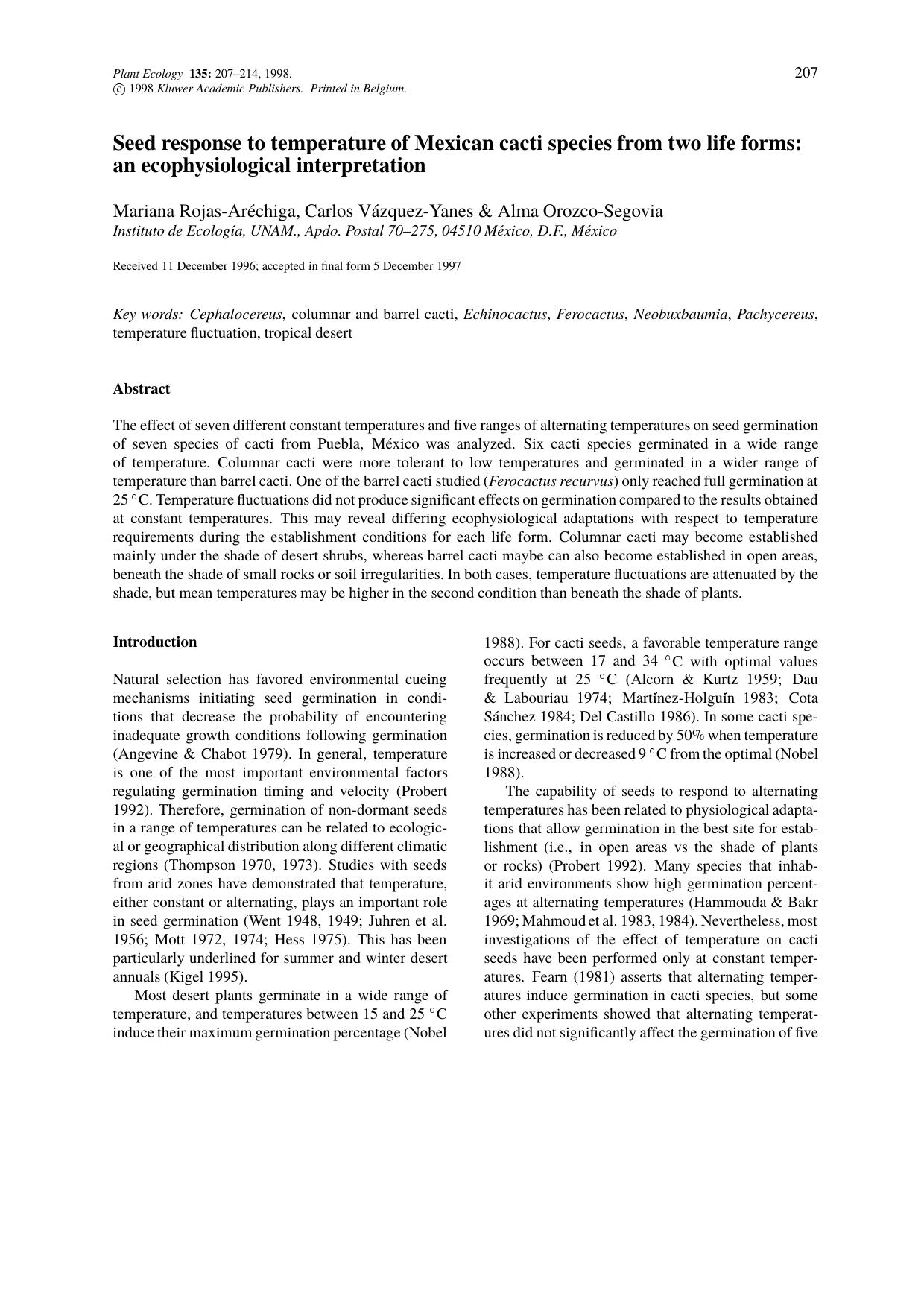 Seed response to temperature of Mexican cacti species from two life forms: an ecophysiological interpretation by Unknown