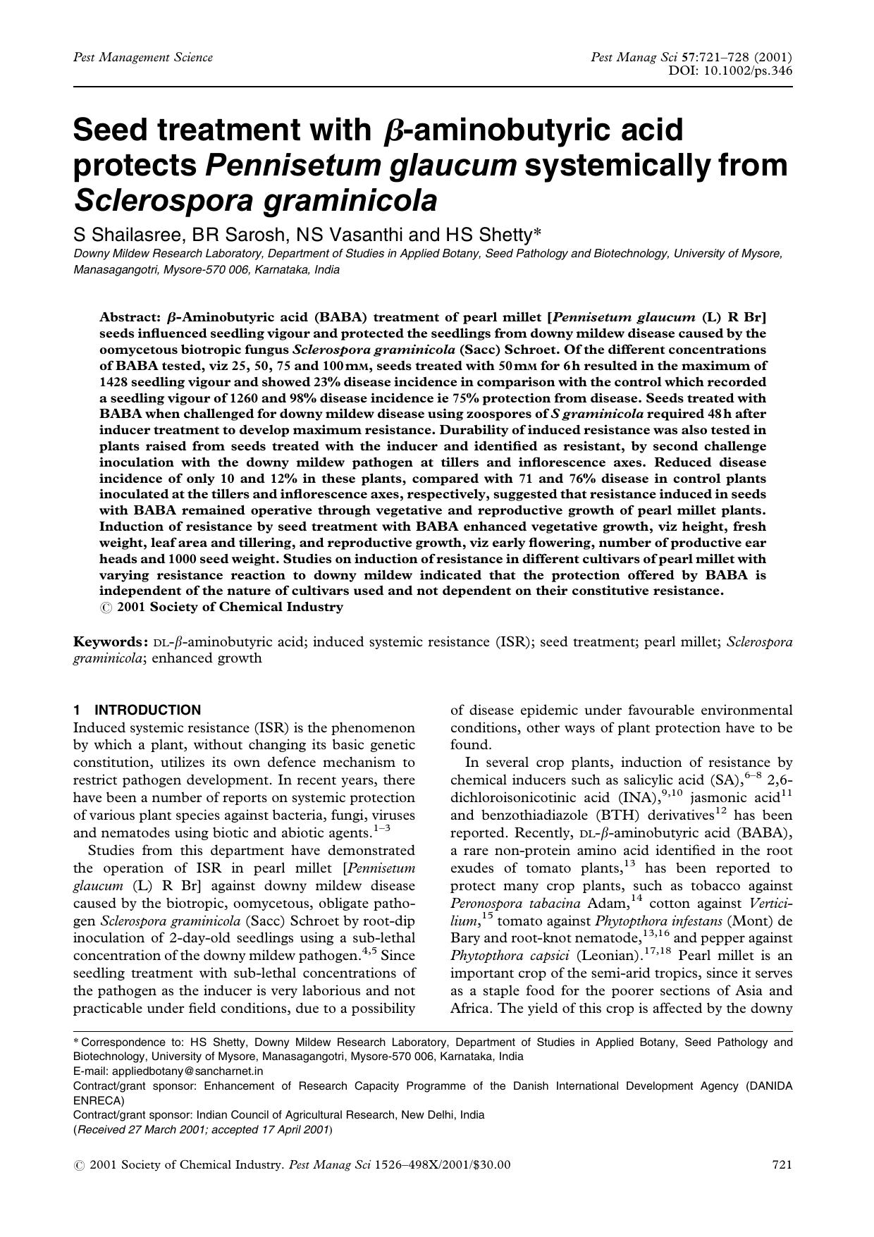 Seed treatment with [beta]-aminobutyric acid protects Pennisetum glaucum systemically from Sclerospora graminicola by Unknown