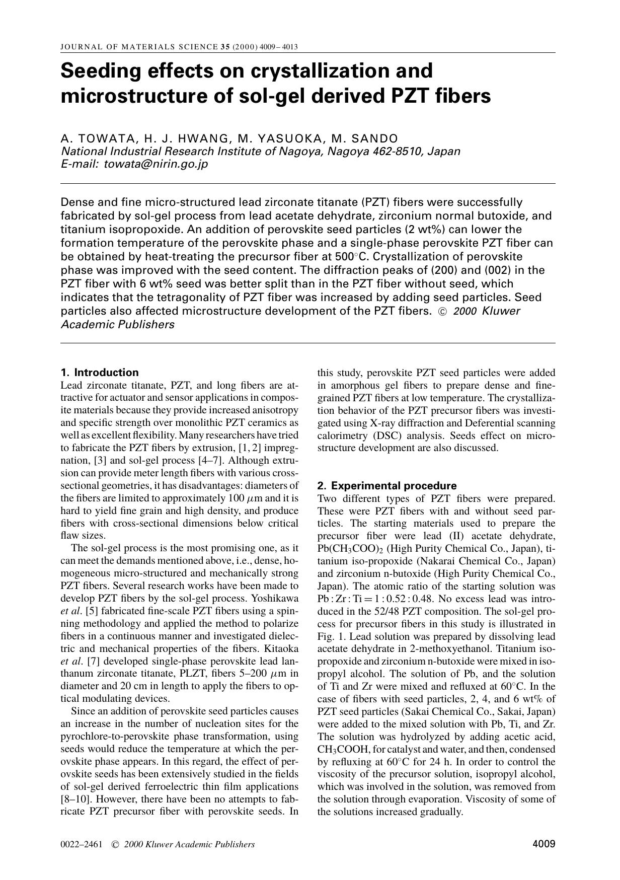 Seeding effects on crystallization and microstructure of sol-gel derived PZT fibers by Unknown