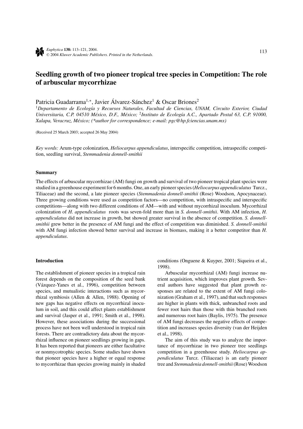 Seedling growth of two pioneer tropical tree species in Competition: The role of arbuscular mycorrhizae by Unknown