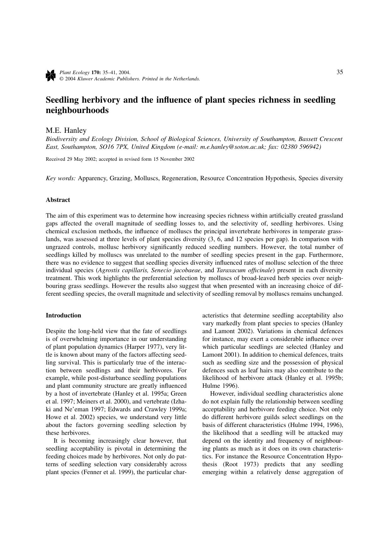Seedling herbivory and the influence of plant species richness in seedling neighbourhoods by Unknown