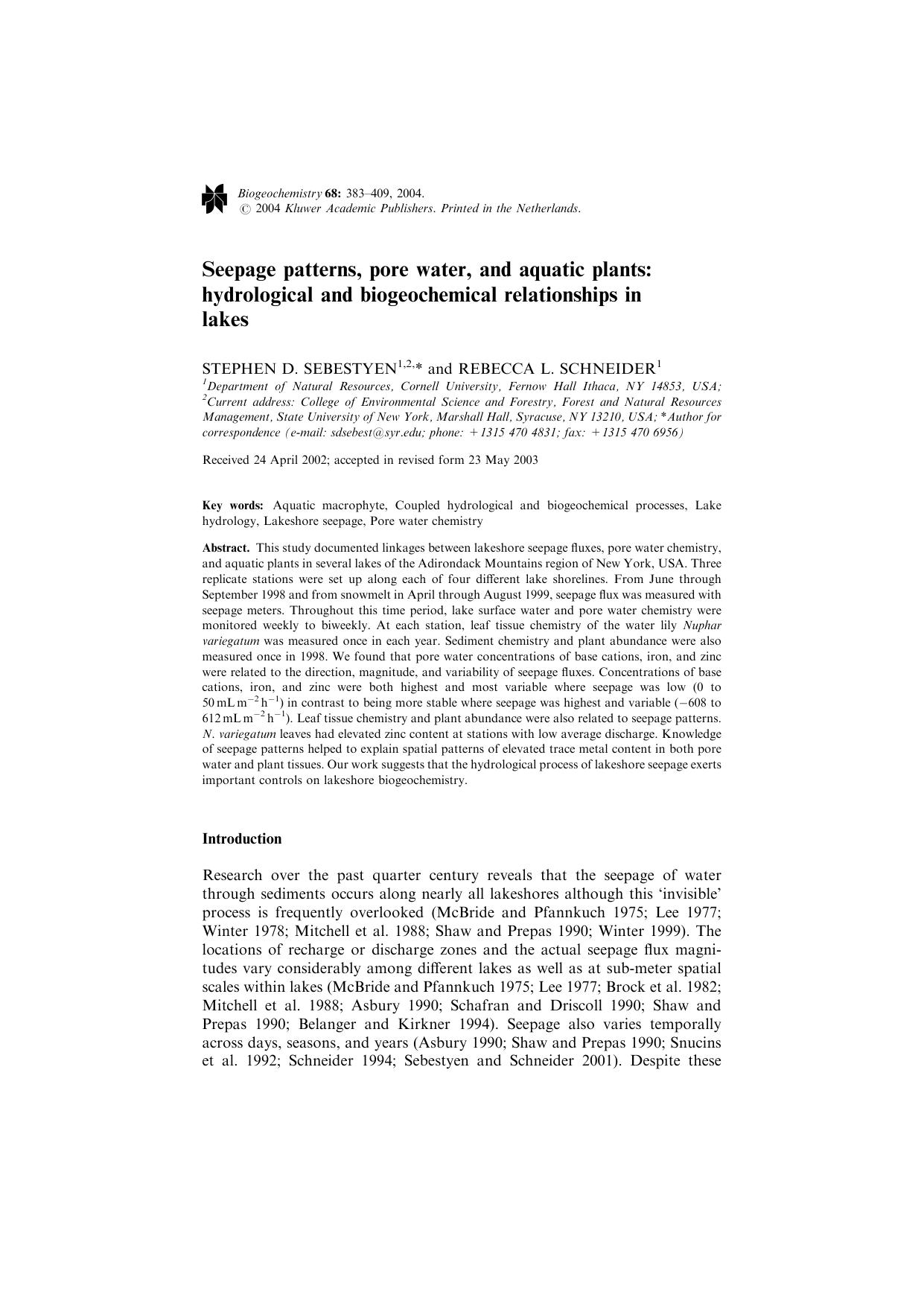 Seepage patterns, pore water, and aquatic plants: hydrological and biogeochemical relationships in lakes by Unknown