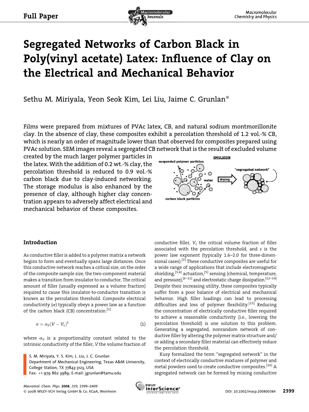 Segregated Networks of Carbon Black in Poly(vinyl acetate) Latex: Influence of Clay on the Electrical and Mechanical Behavior by unknow