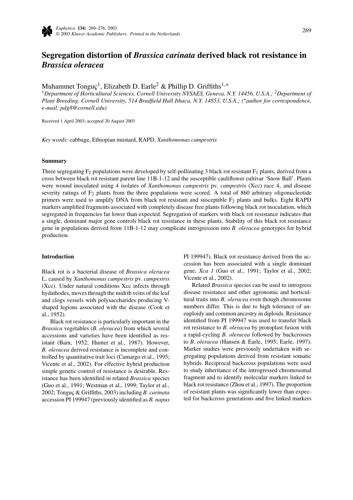 Segregation distortion of <Emphasis Type="Italic">Brassica carinata<Emphasis> derived black rot resistance in <Emphasis Type="Italic">Brassica oleracea<Emphasis> by Unknown