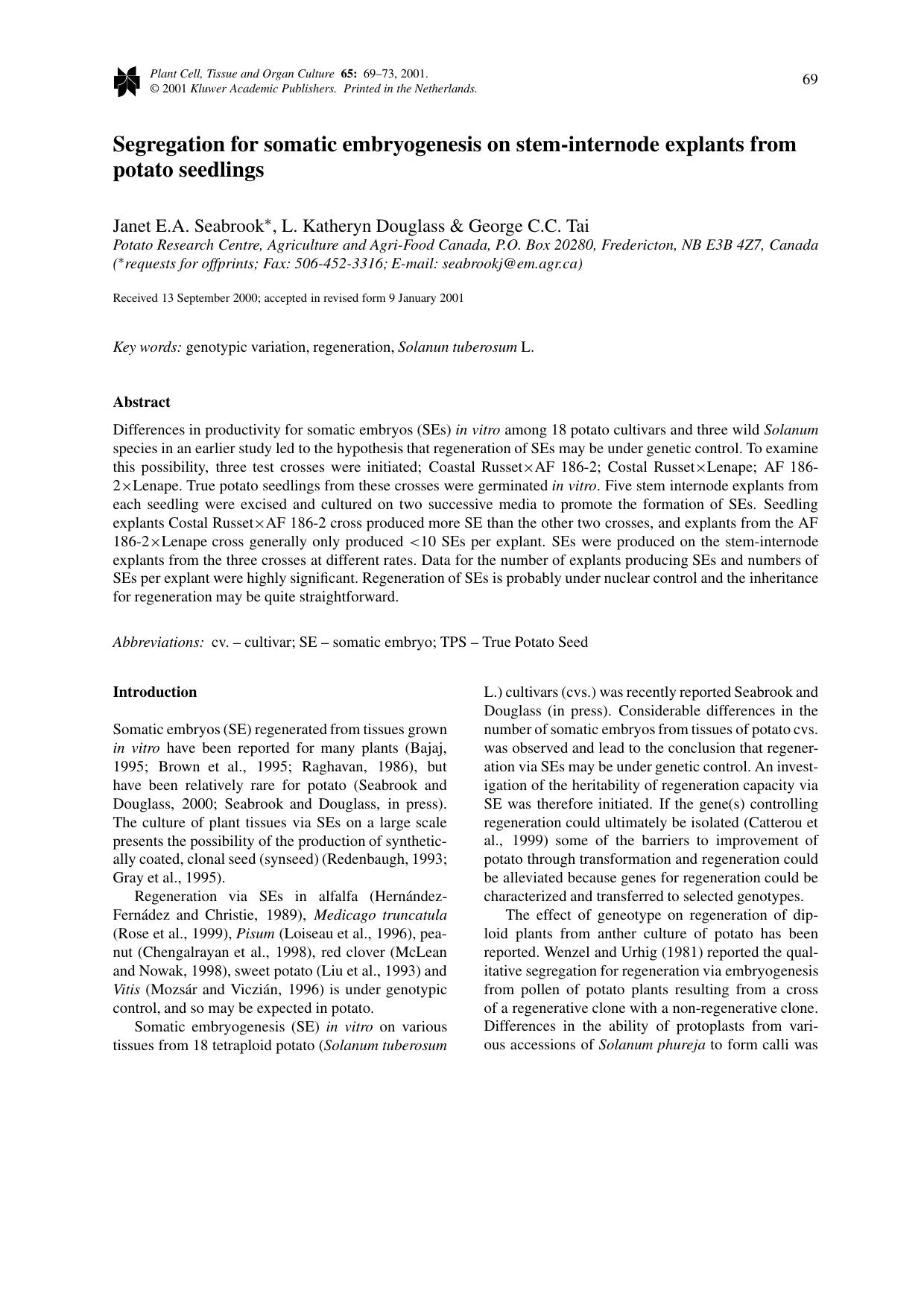 Segregation for somatic embryogenesis on stem-internode explants from potato seedlings by Unknown