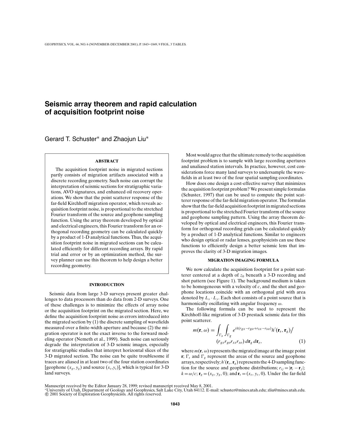 Seismic array theorem and rapid calculation of acquisition footprint noise by G. T. Schuster Z