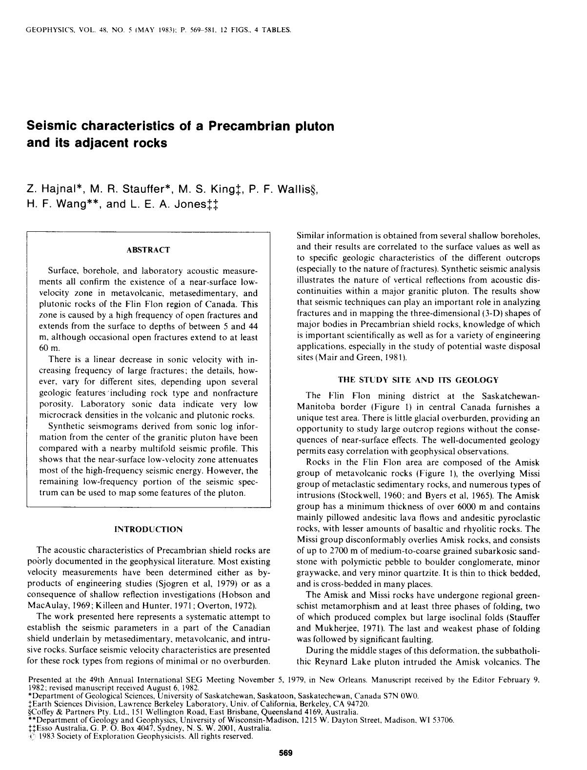 Seismic characteristics of a Precambrian pluton and its adjacent rocks by Hajnal Z.; Stauffer M. R.; King M. S.; Wallis P. F.; Wang H. F.; Jones L. E. A