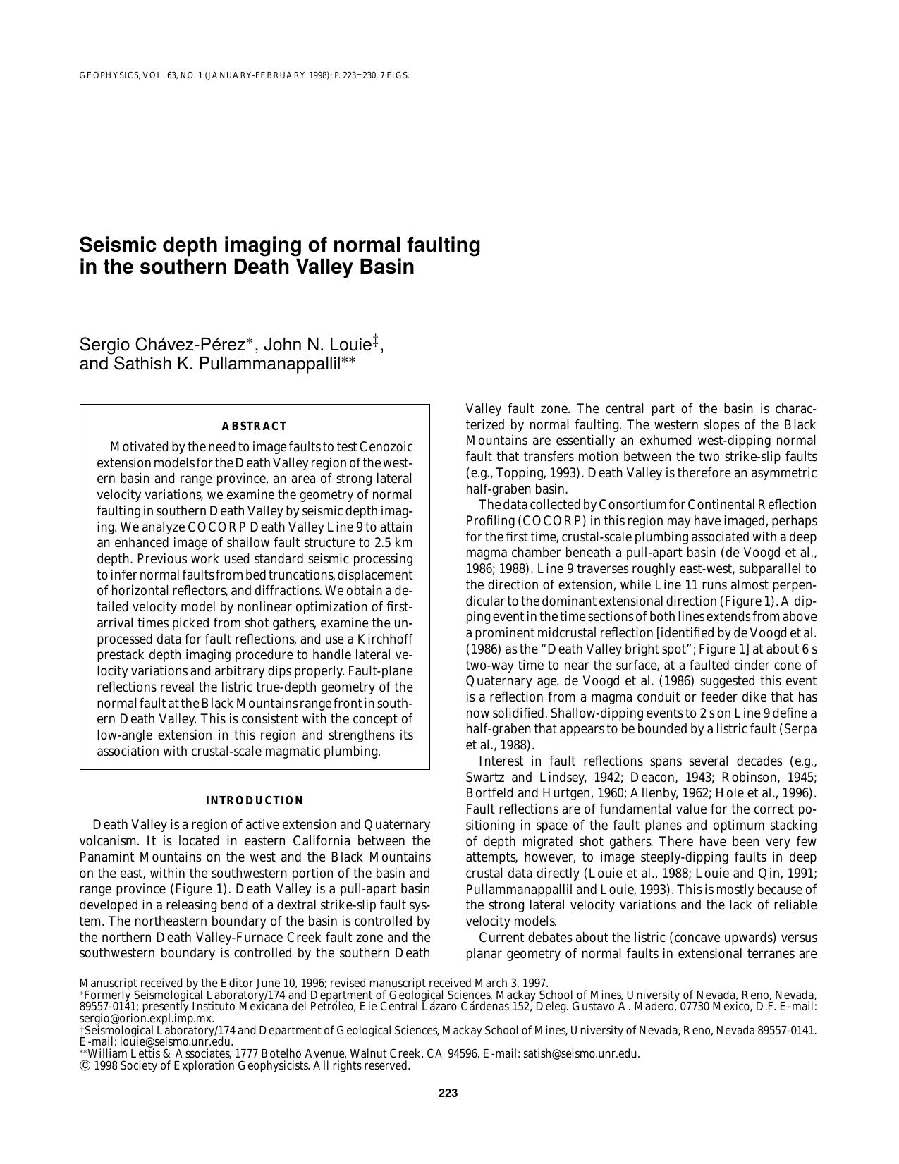 Seismic depth imaging of normal faulting in the southern Death Valley Basin by S. Chavez-Perez J. N. Louie S. K. Pullammanappallil
