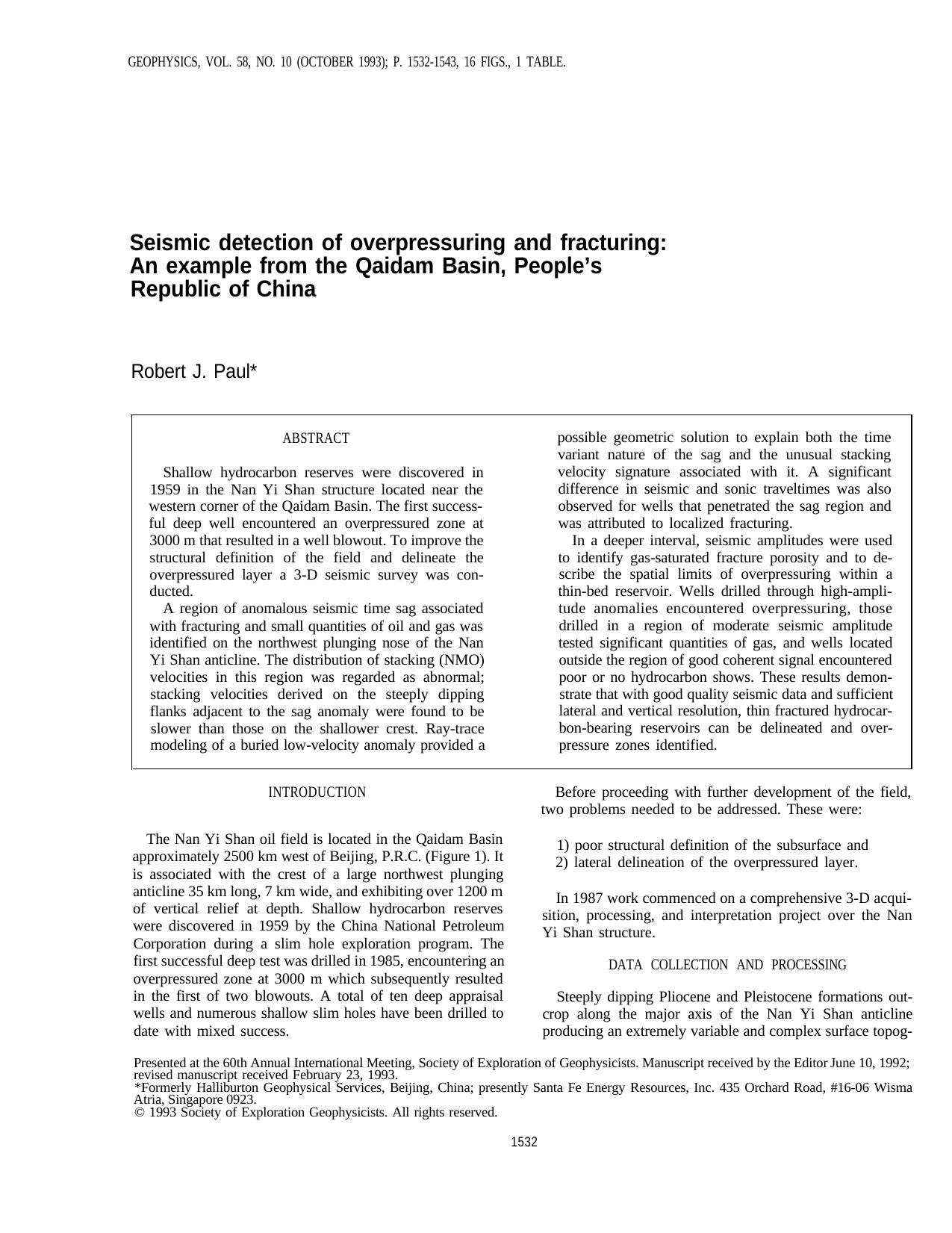 Seismic detection of overpressuring and fracturing: An example from the Qaidam basin, People's Republic of China by R.J. Paul