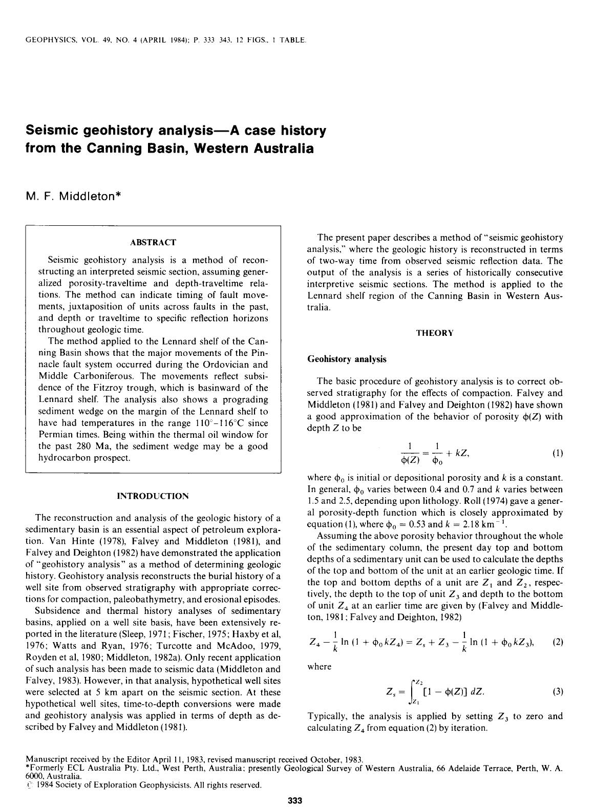 Seismic geohistory analysis--A case history from the Canning Basin, Western Australia by Middleton M. F