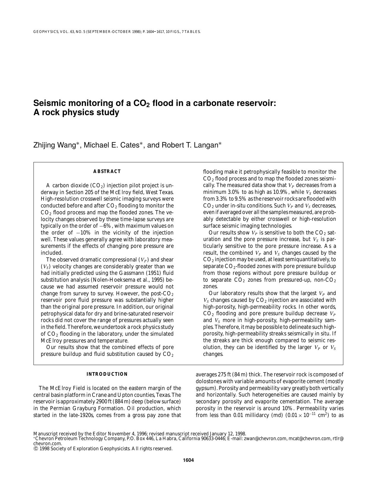 Seismic monitoring of a CO2 flood in a carbonate reservoir: A rock physics study by Z. Wang M. E. Cates R. T. Langan