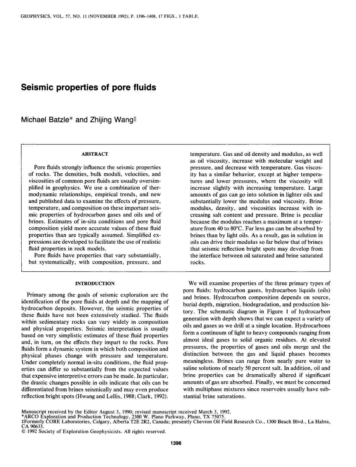 Seismic properties of pore fluids by Batzle M.; Wang Z