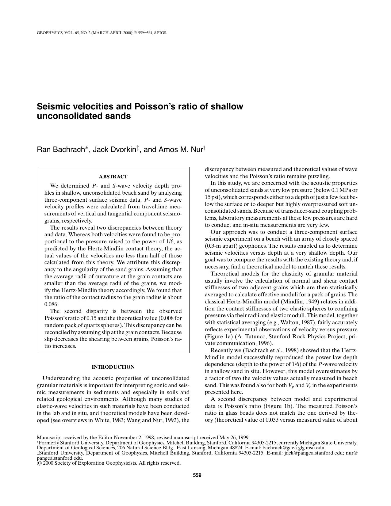 Seismic velocities and Poisson's ratio of shallow unconsolidated sands by R. Bachrach J. Dvorkin A.M. Nurz