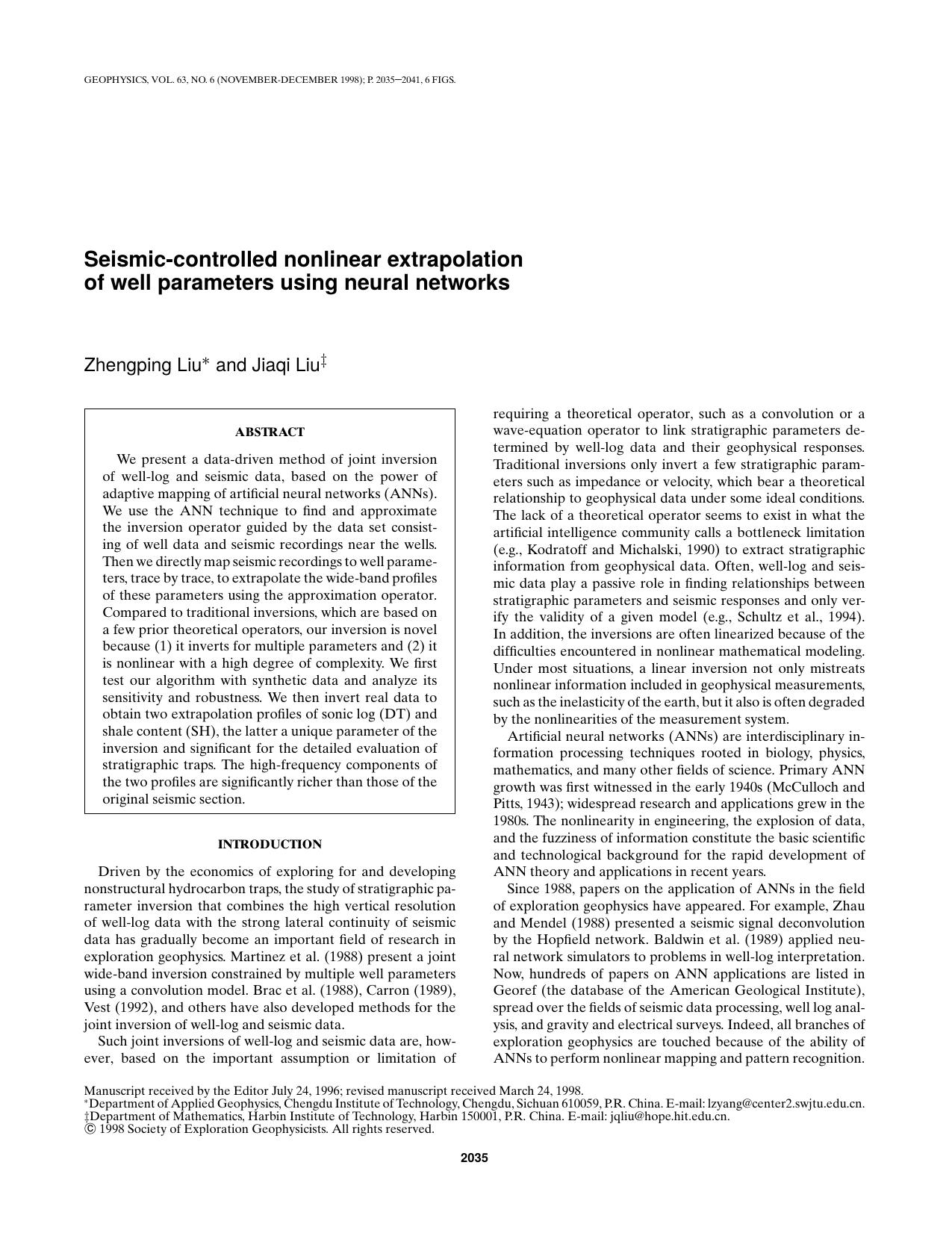 Seismic-controlled nonlinear extrapolation of well parameters using neural networks by Z. Liu J. Liu