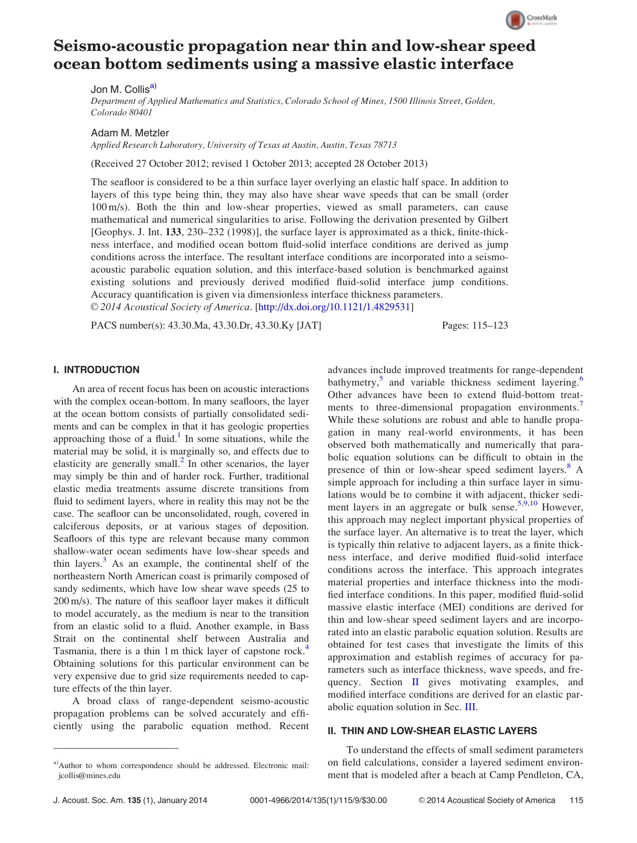 Seismo-acoustic propagation near thin and low-shear speed ocean bottom sediments using a massive elastic interface by Jon M. Collisa) and Adam M. Metzler
