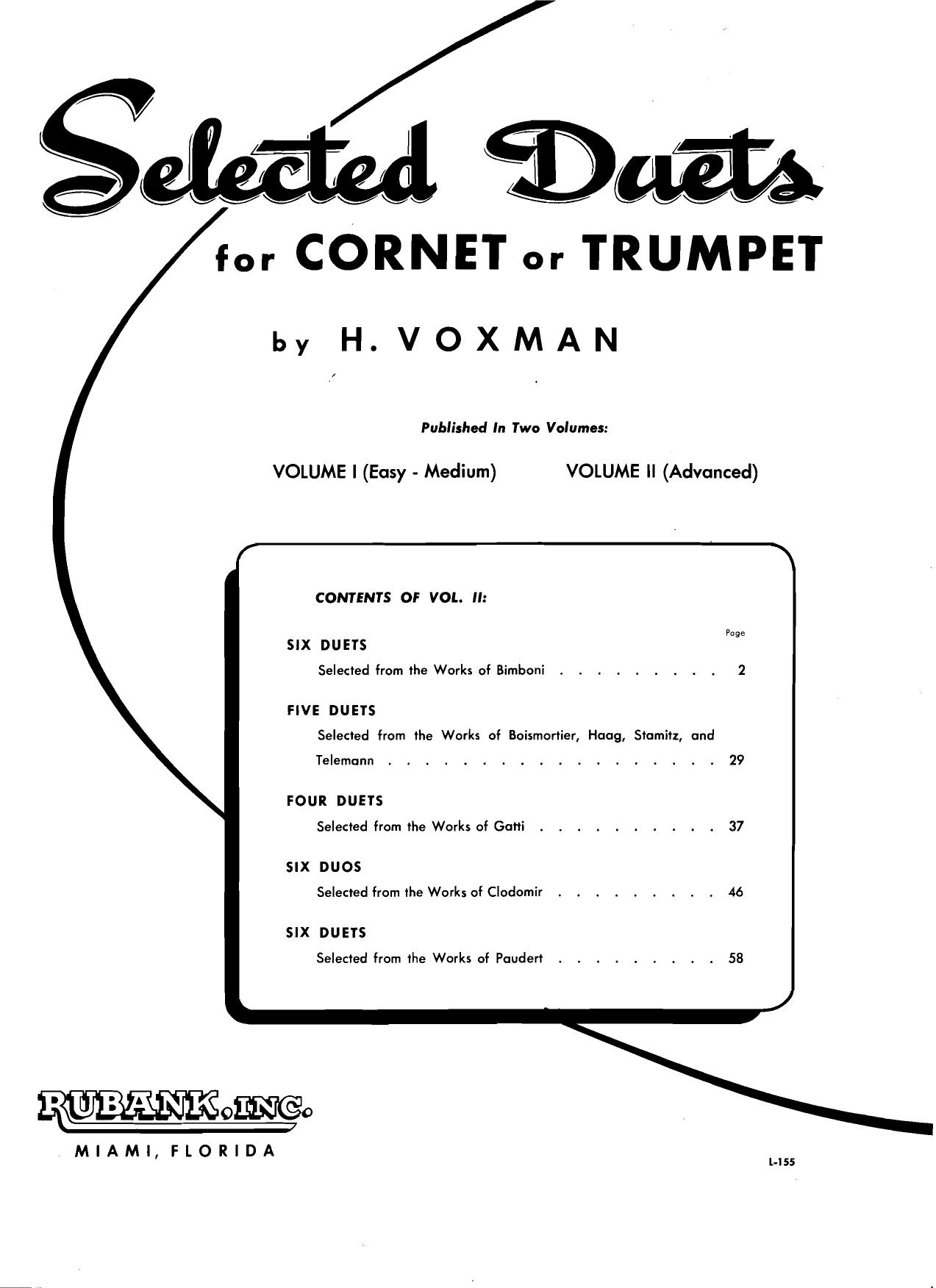 Selected Duets for Cornet or Trumpet: Volume 1. Easy to Medium by Voxman H. (Ed.)