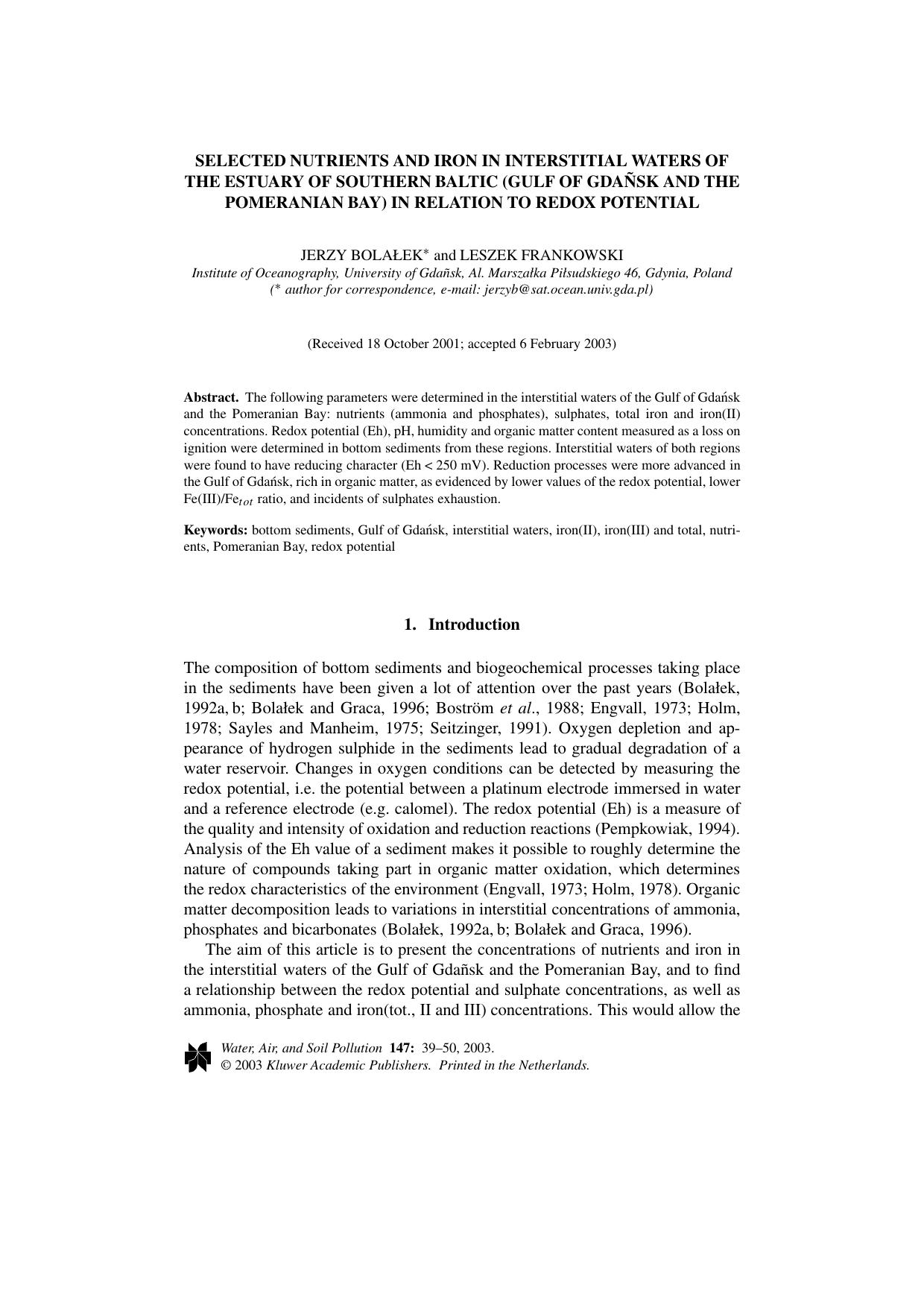 Selected Nutrients and Iron in Interstitial Waters of the Estuary of Southern Baltic (Gulf of Gdañsk and the Pomeranian Bay) in Relation to Redox Potential by Unknown