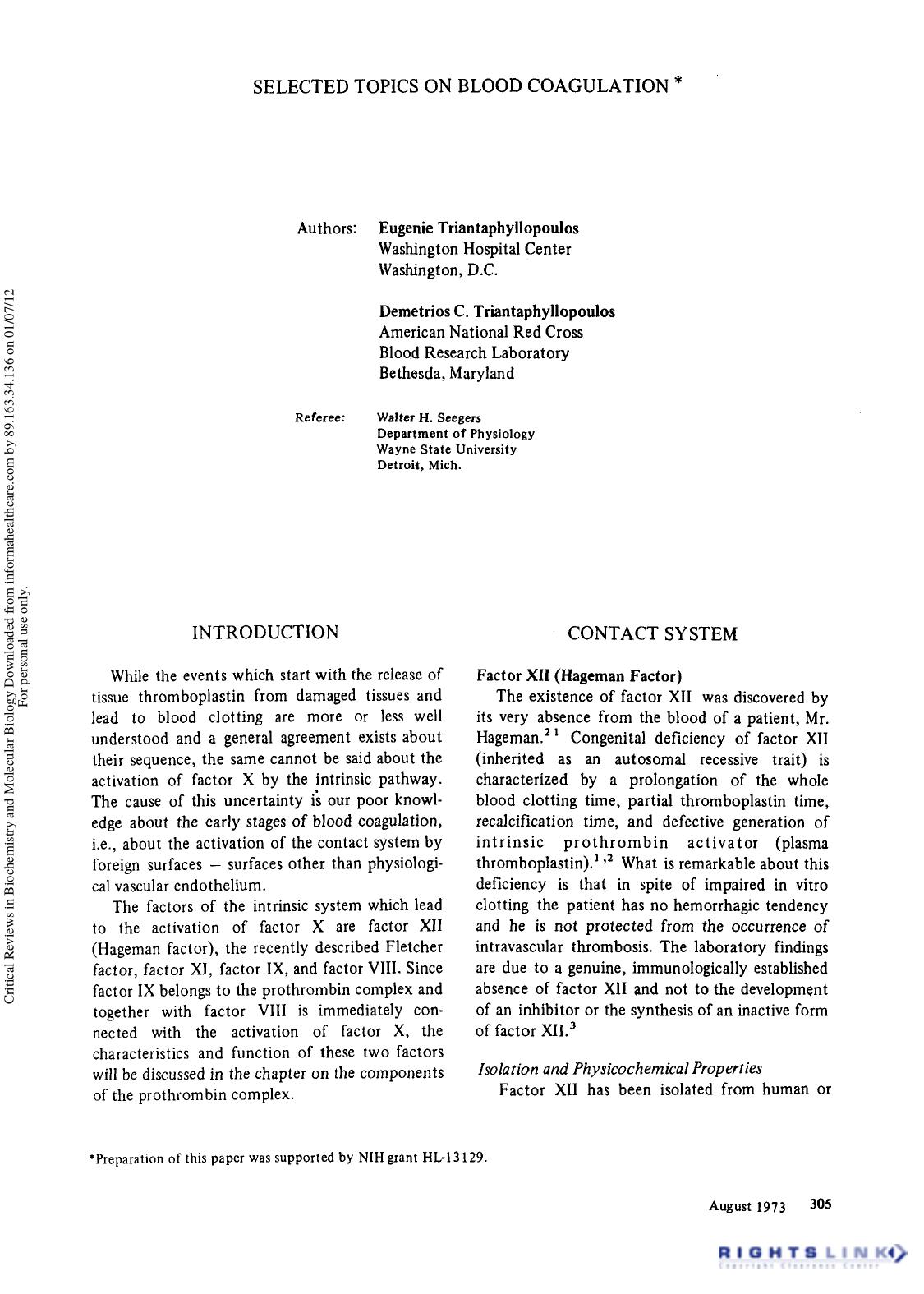 Selected Topics On Blood Coagulatio by Eugenie Triantaphyllopoulos Demetrios C. Triantaphyllopoulos & Walter H. Seegers