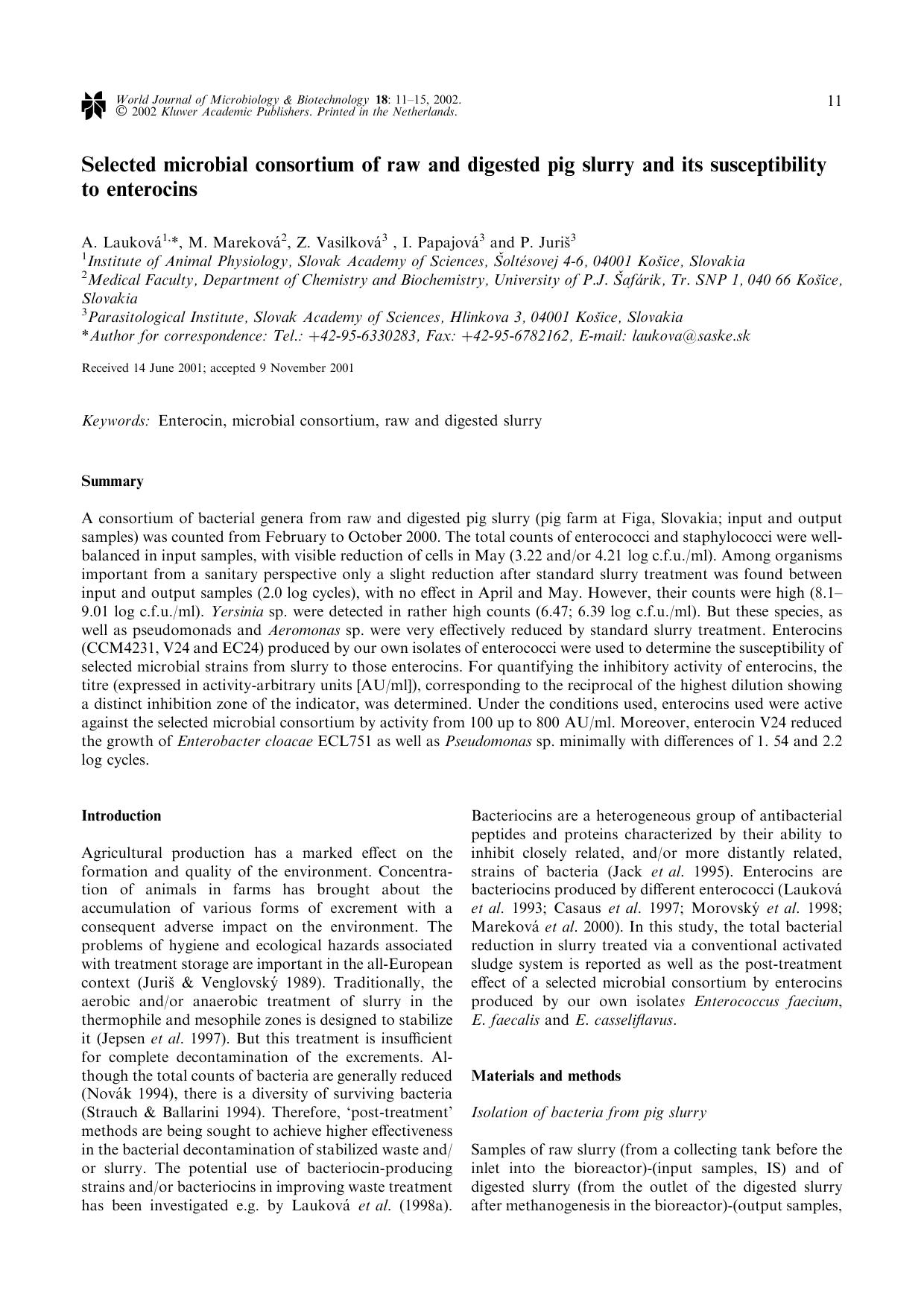 Selected microbial consortium of raw and digested pig slurry and its susceptibility to enterocins by Unknown