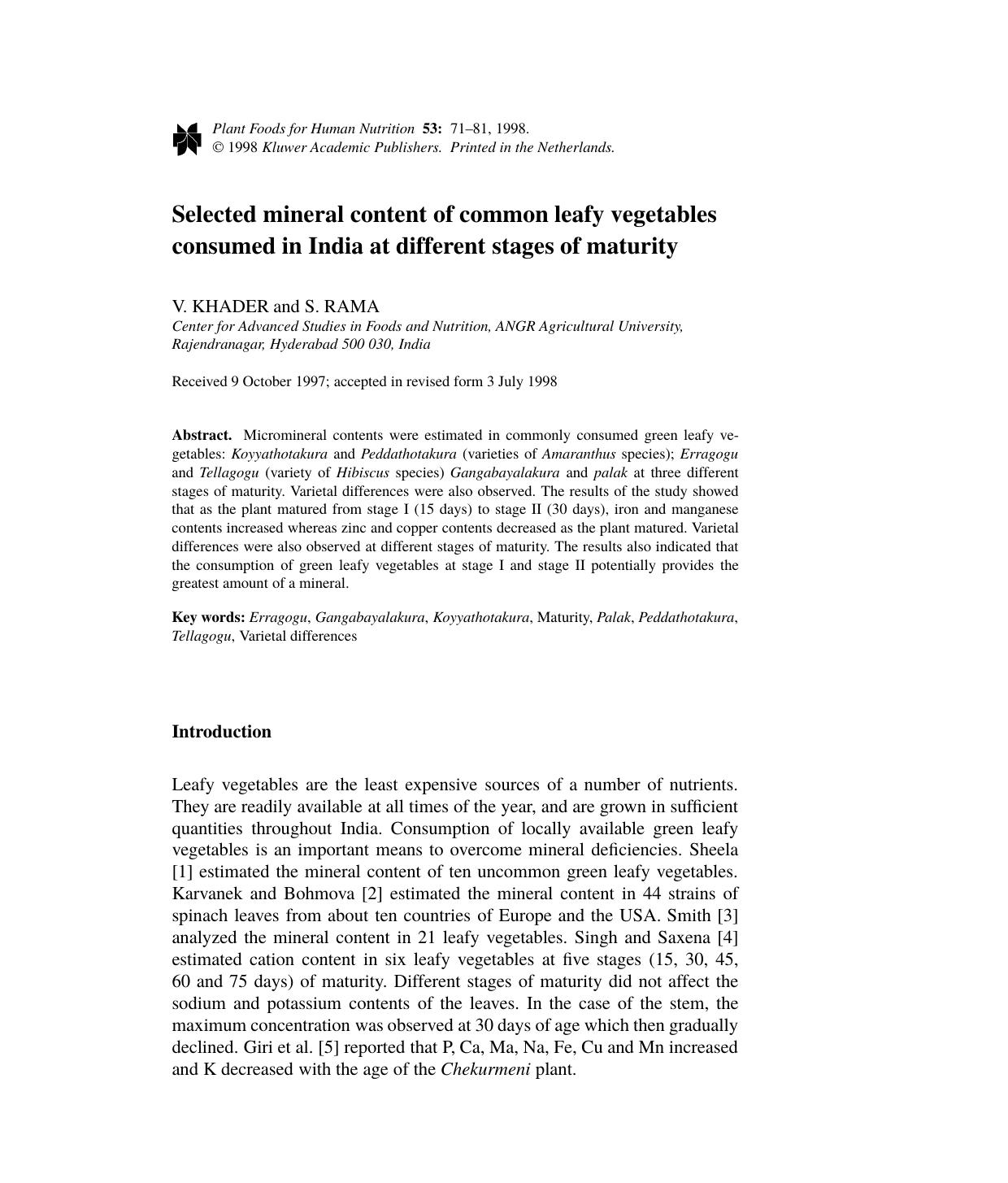 Selected mineral content of common leafy vegetables consumed in India at different stages of maturity by Unknown