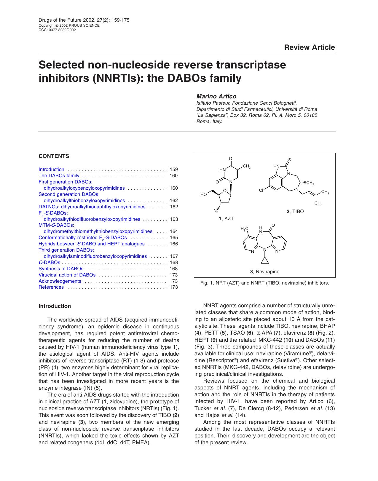 Selected non-nucleoside reverse transcriptase inhibitors (NNRTIs): the DABOs family by Prous Science (c) 2002