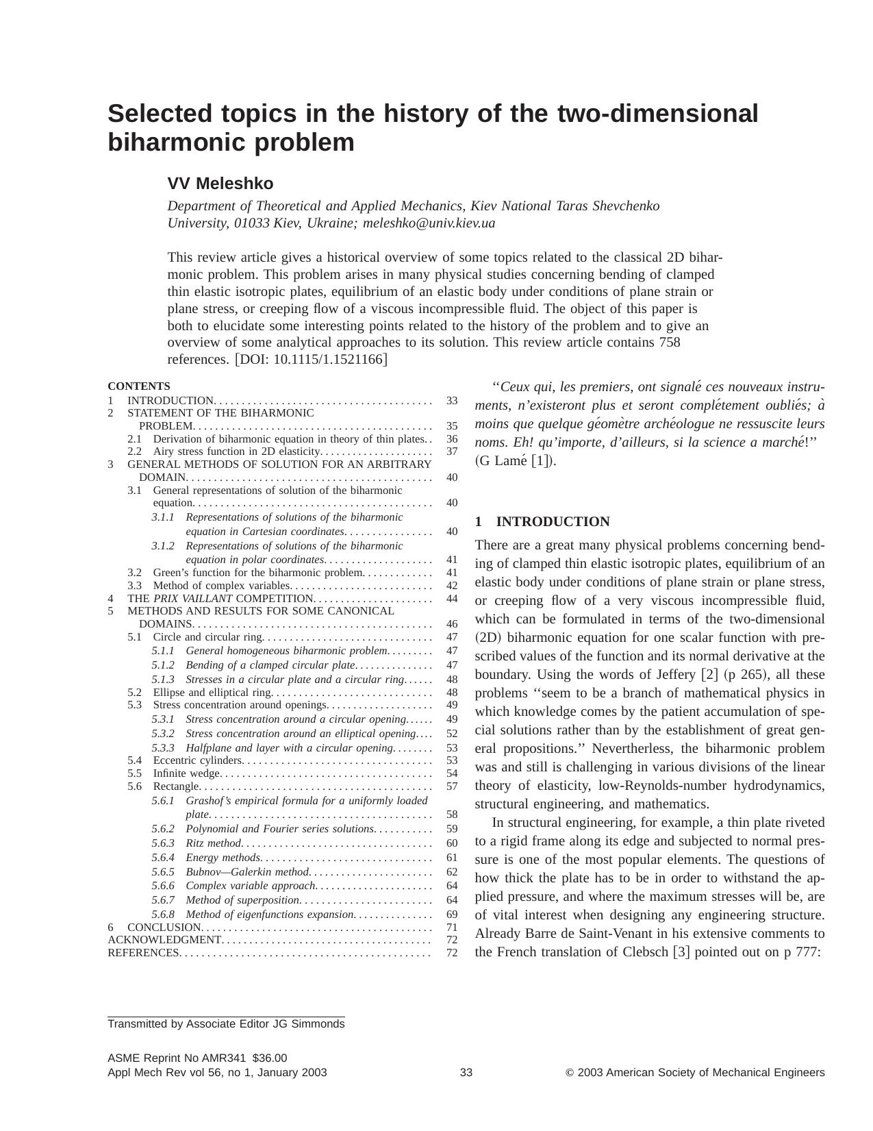 Selected topics in the history of the two-dimensional biharmonic problem by VV Meleshko