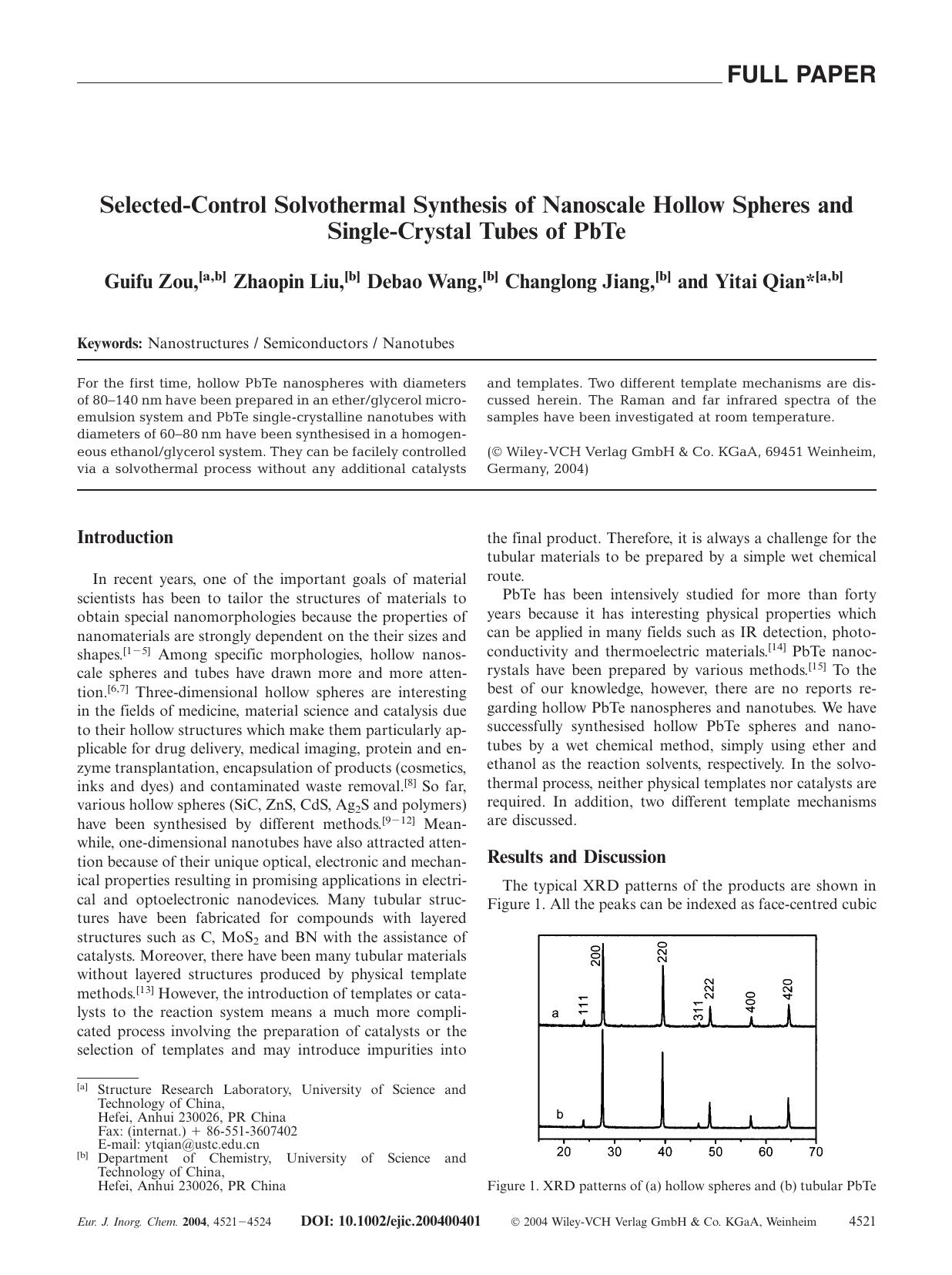 Selected-Control Solvothermal Synthesis of Nanoscale Hollow Spheres and Single-Crystal Tubes of PbTe by Unknown