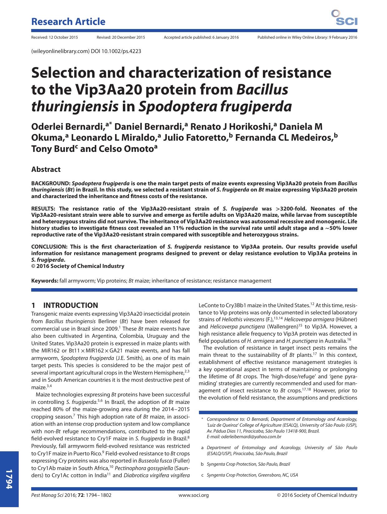 Selection and characterization of resistance to the Vip3Aa20 protein from Bacillus thuringiensis in Spodoptera frugiperda by Unknown