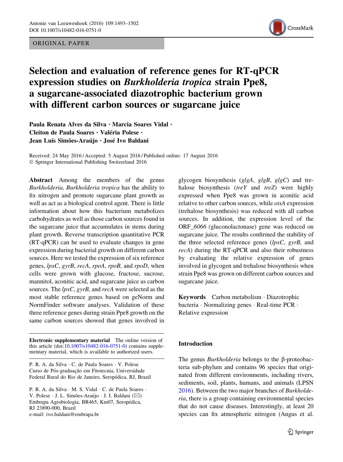 Selection and evaluation of reference genes for RT-qPCR expression studies on Burkholderia tropica strain Ppe8, a sugarcane-associated diazotrophic bacterium grown with different c by unknow
