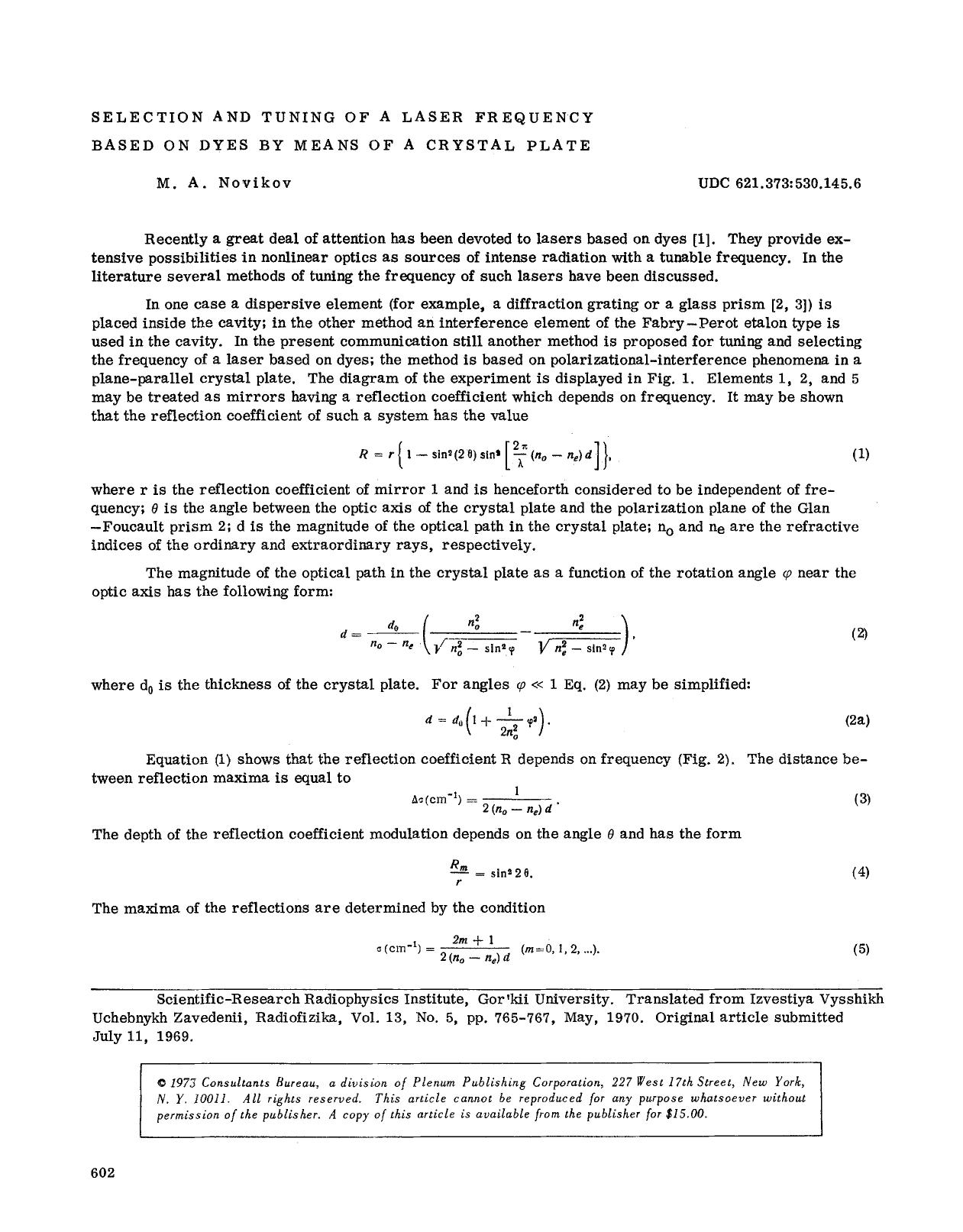 Selection and tuning of a laser frequency based on dyes by means of a crystal plate by Unknown