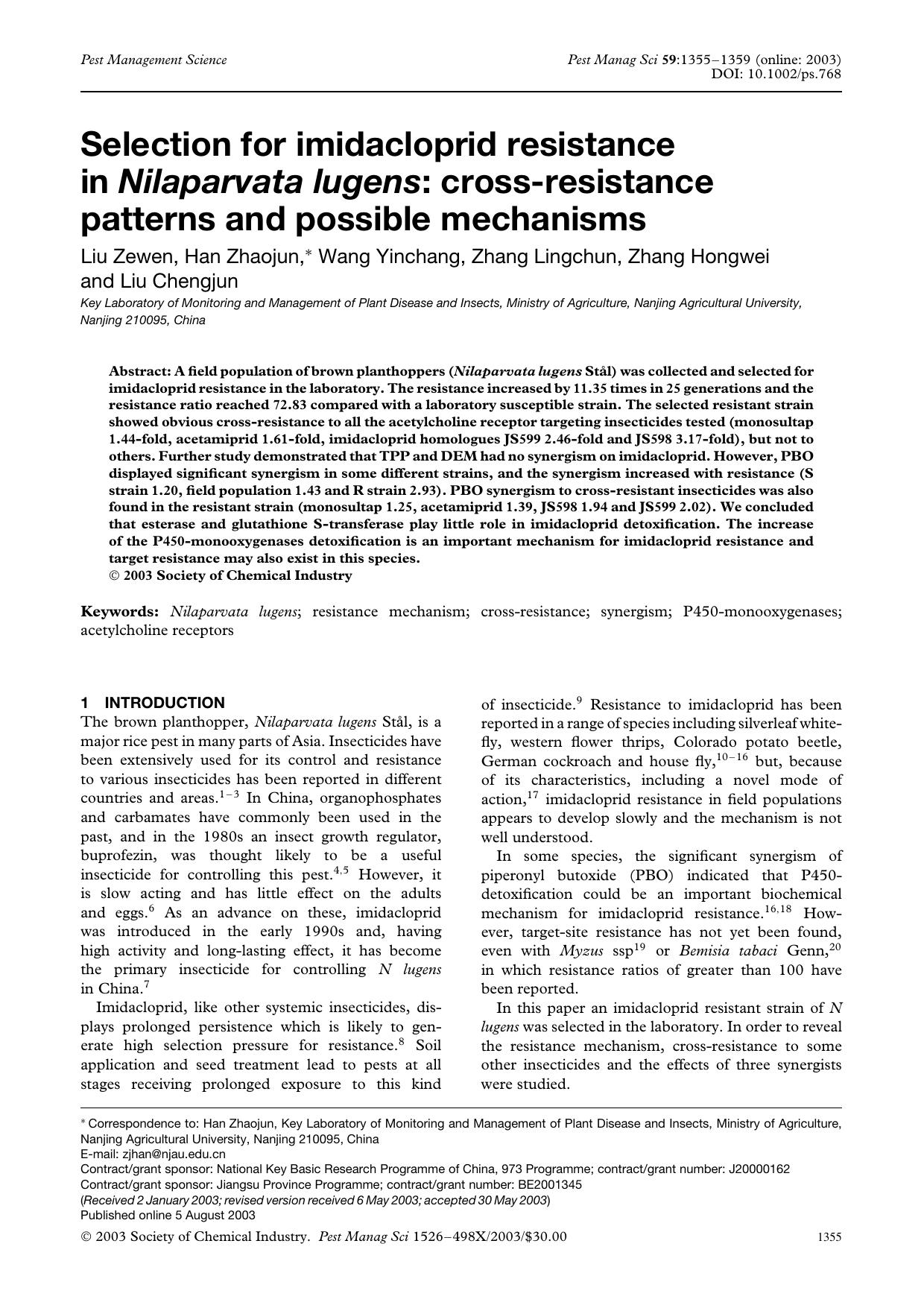 Selection for imidacloprid resistance in Nilaparvata lugens: cross-resistance patterns and possible mechanisms by Unknown