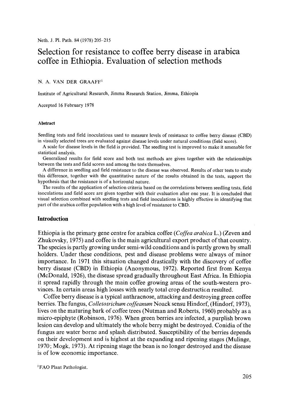 Selection for resistance to coffee berry disease in arabica coffee in Ethiopia. Evaluation of selection methods by Unknown