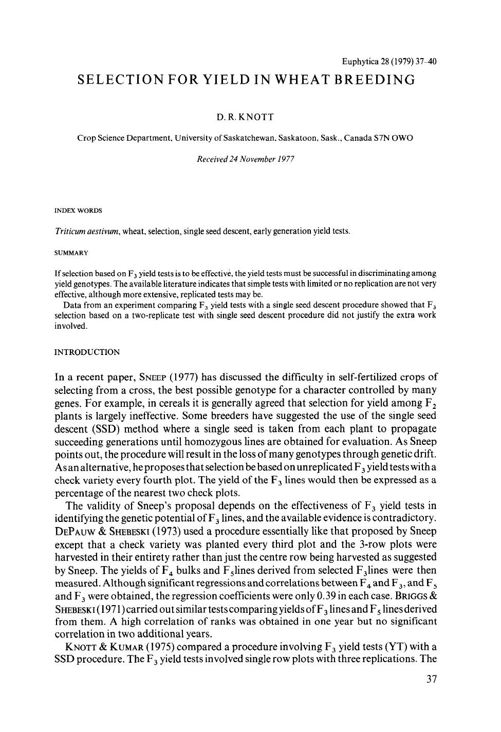 Selection for yield in wheat breeding by Unknown