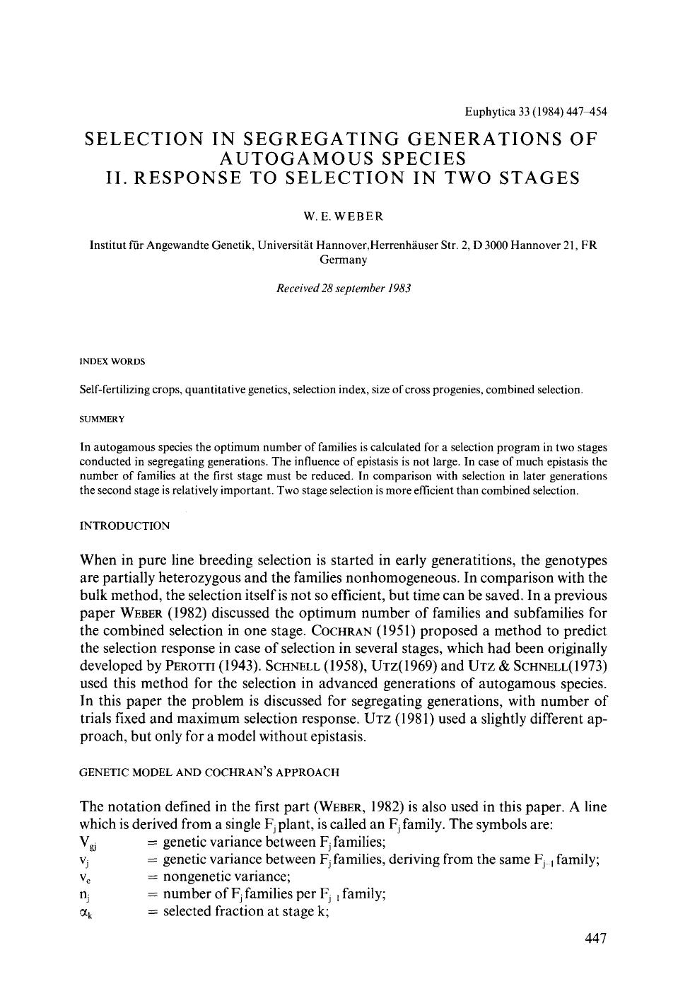 Selection in segregating generations of autogamous species II. Response to selection in two stages by Unknown